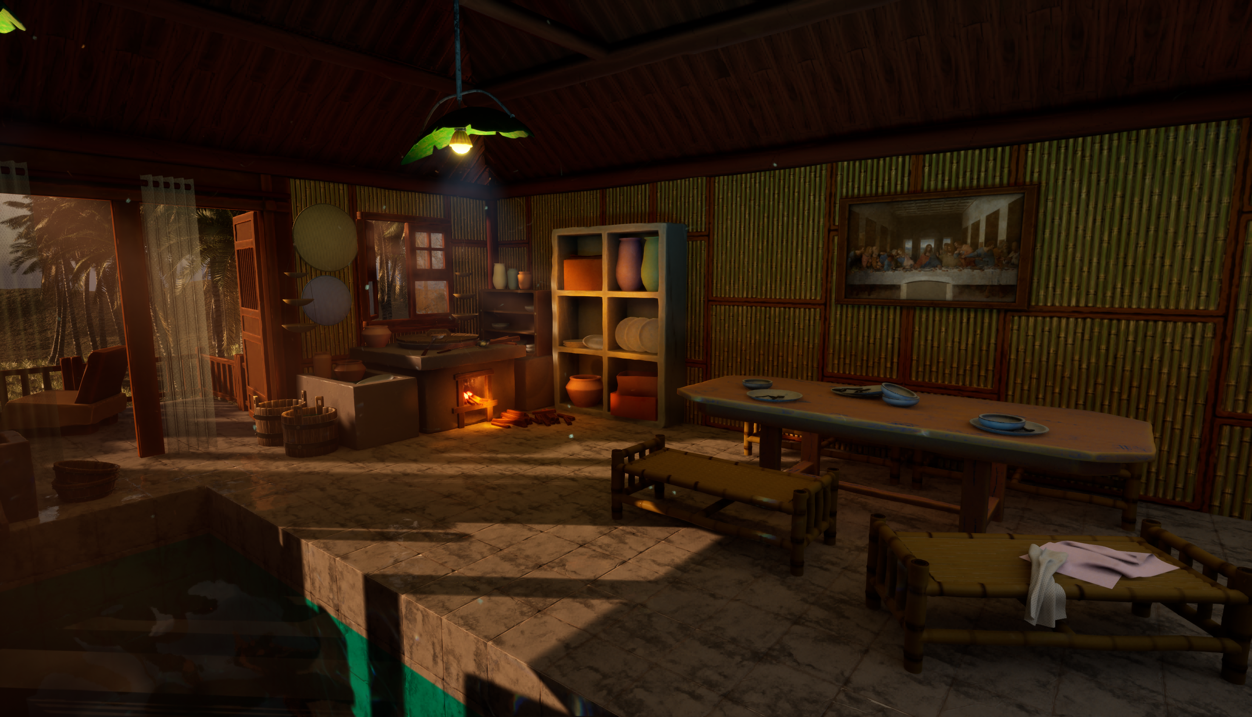 A cozy rustic indoor space with bamboo walls, a firepit, a dining table set with bowls, a shelving unit with pottery, and a picture of The Last Supper on the wall.