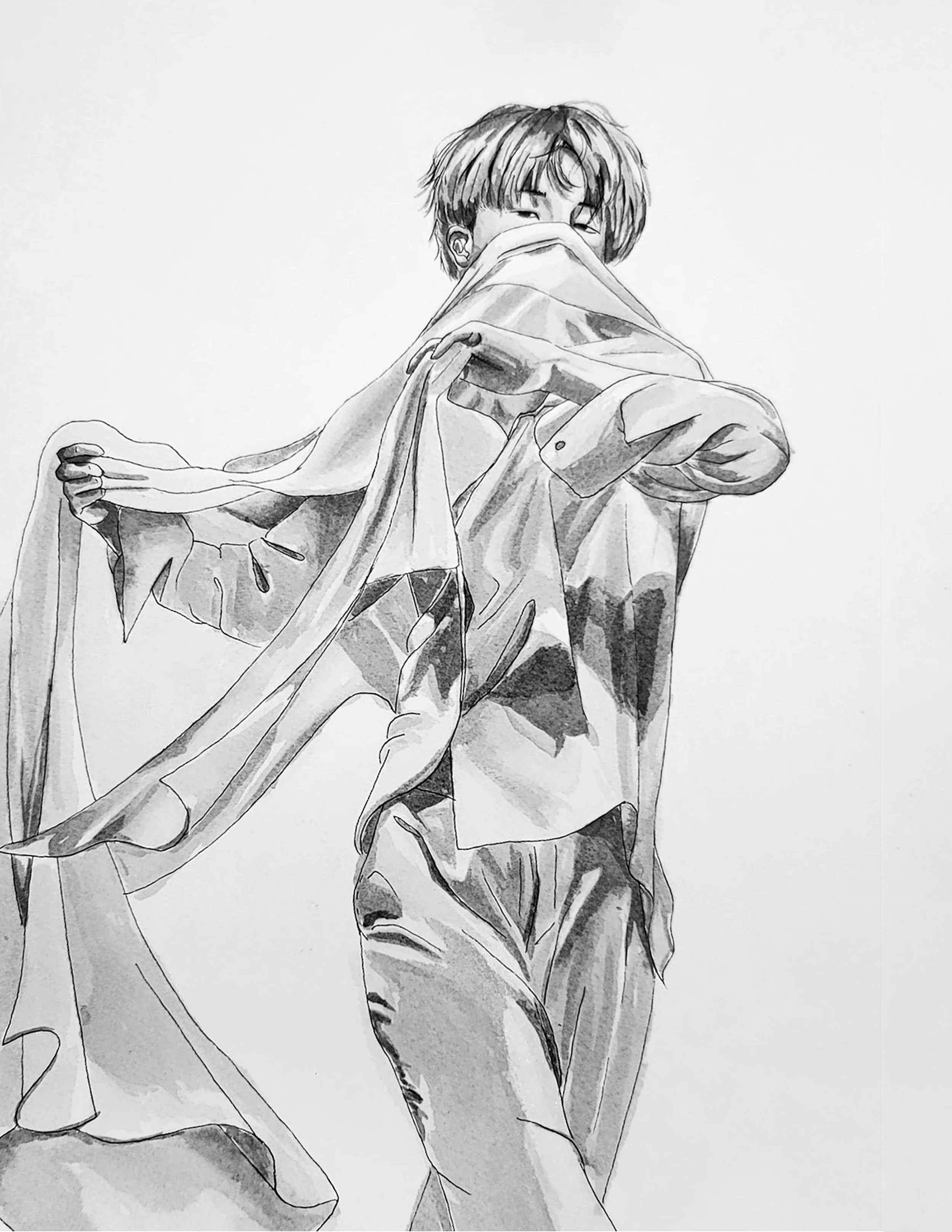 Black and white drawing of a young man with messy hair, partially covering his face with a loose shirt while standing.