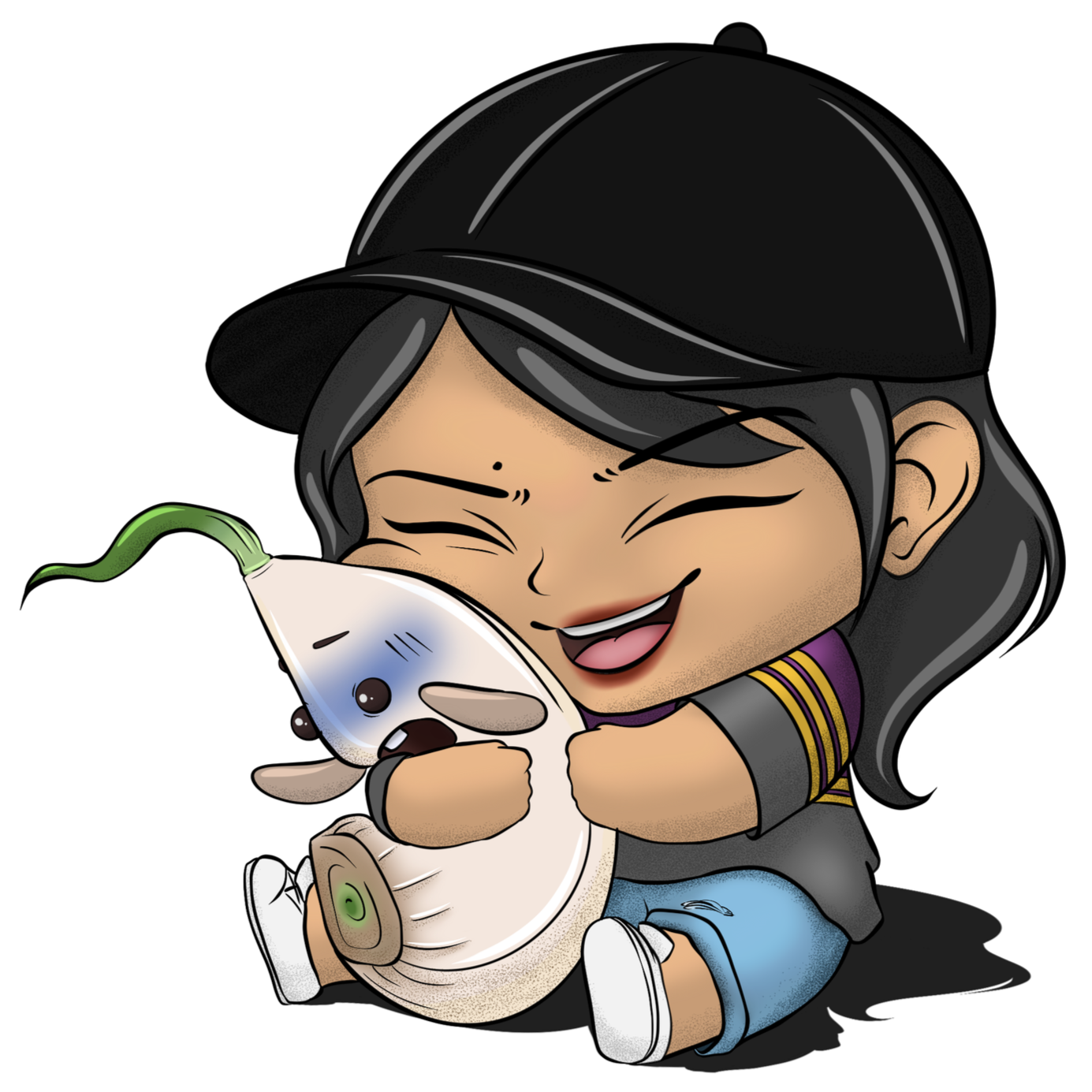 Cartoon girl with black hair, black cap, and striped shirt hugging a garlic character, against a black background.