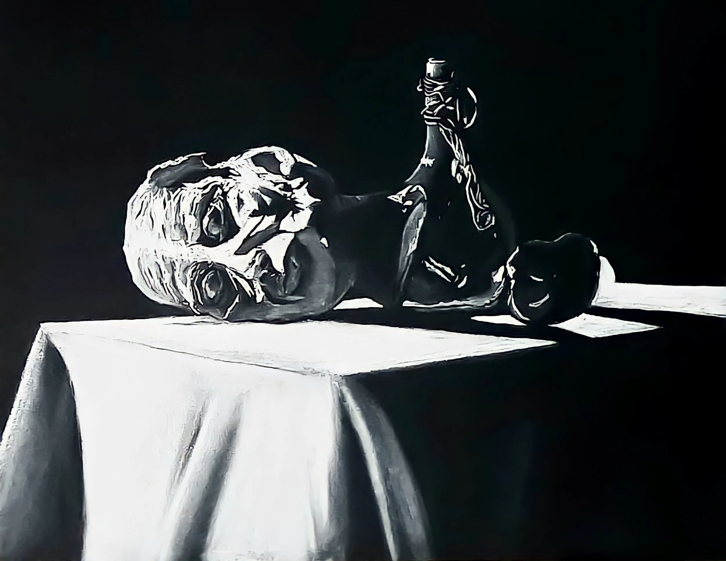 Black and white painting of a skull and a hand holding a bottle on a table.
