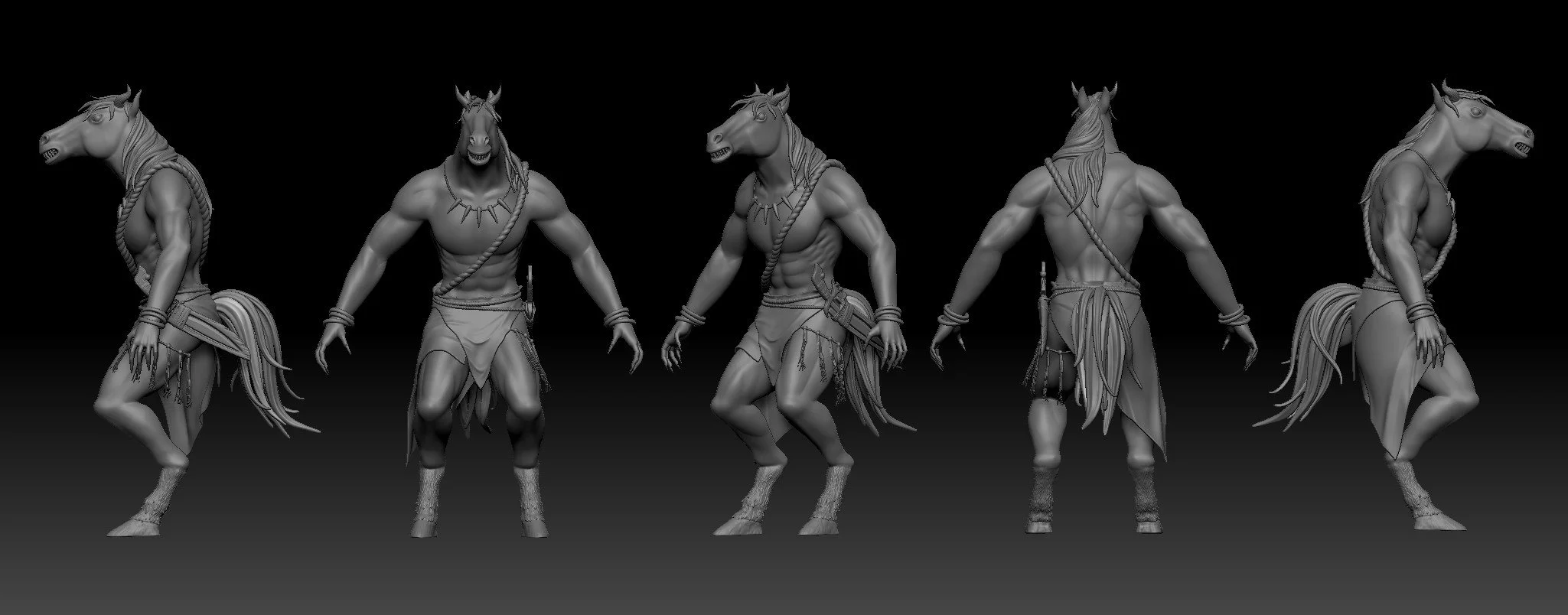 Three humanoid characters with horse heads, muscular bodies, tribal attire, and accessories like necklaces and arm bands, viewed from various angles.