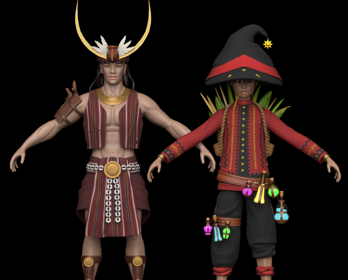 Two 3D characters dressed in Filipino traditional clothing, stand against a black background. The character on the left is dress as Igorot and on the right is dress a Panay Bukidnon.
