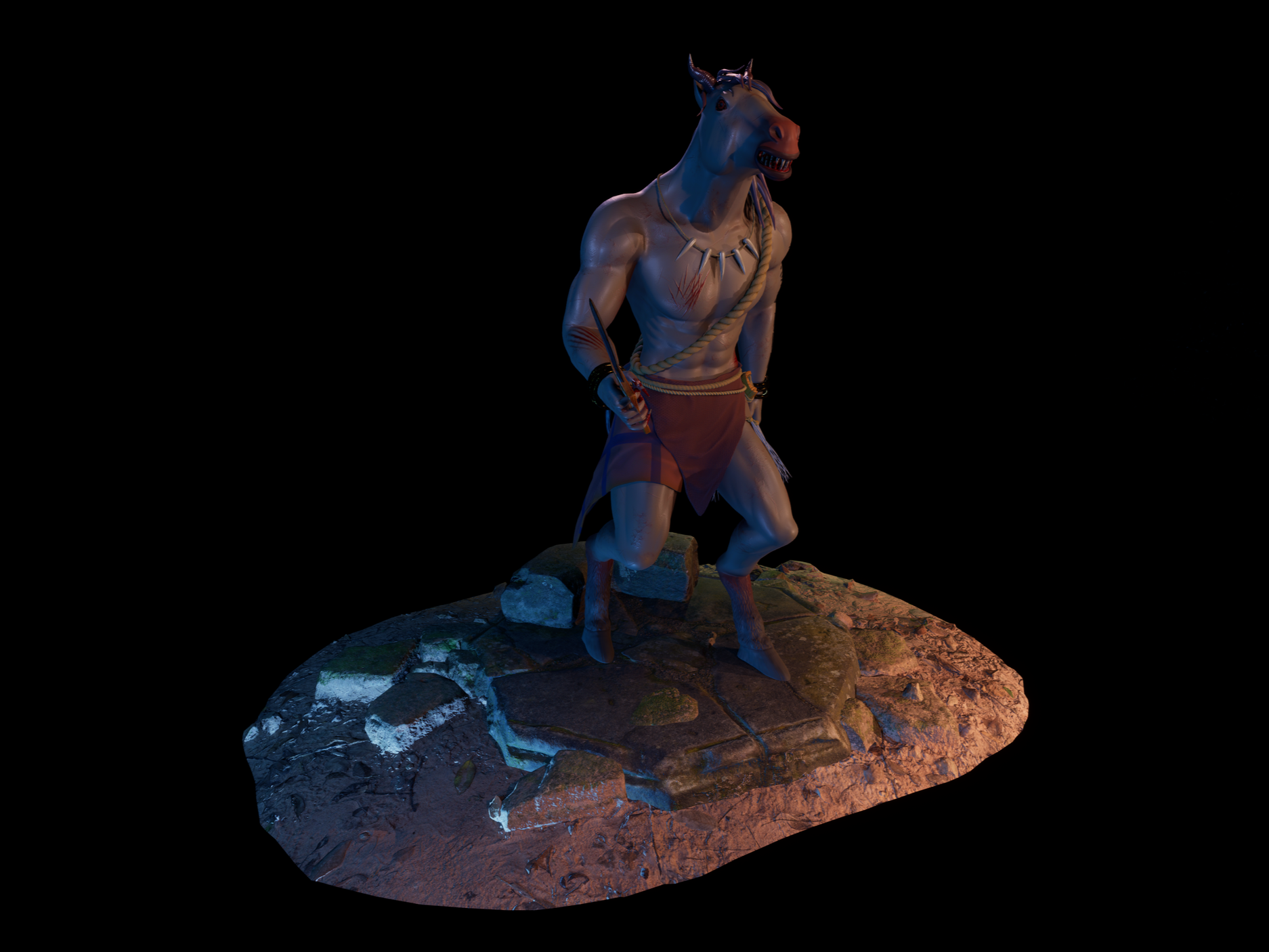 Statue of a mythical humanoid warrior with a muscular build standing on a rocky base, holding a sword with a dark background.