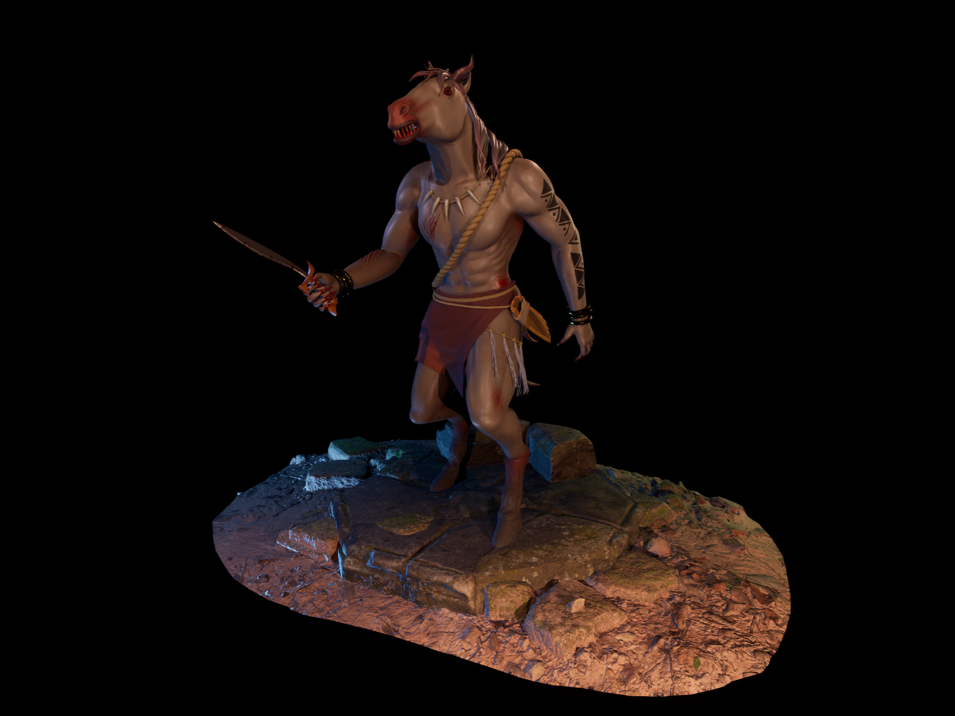 A humanoid figure with the body of a muscular man and the head of a horse, holding a curved dagger, wearing primitive clothing and accessories, standing on a stone platform.