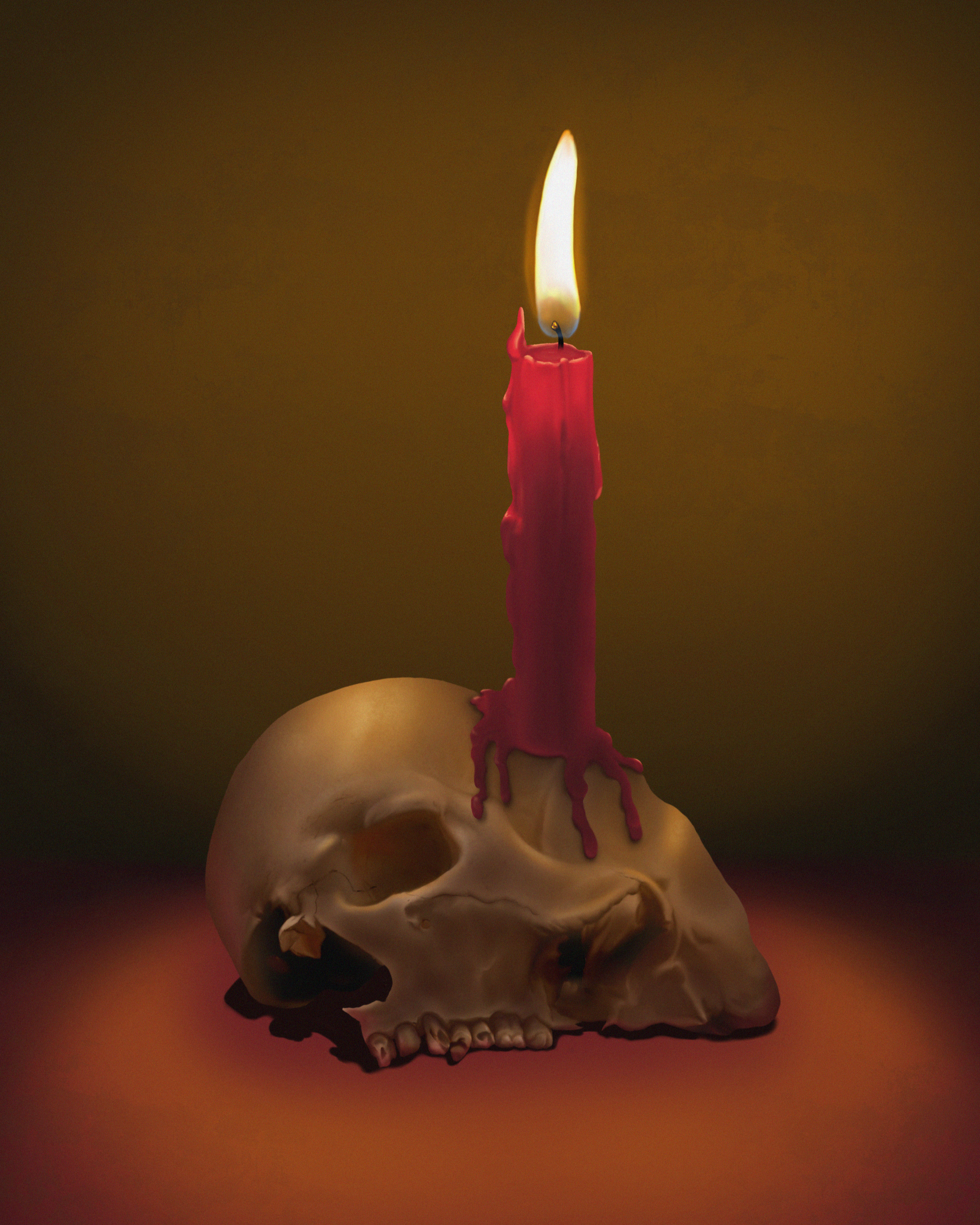 A human skull with a red candle on top, with the candle's wax melting and dripping down.