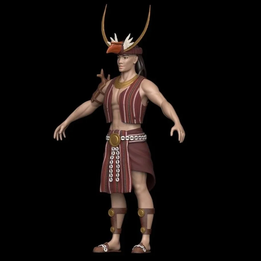 A humanoid figure wearing traditional African attire with tribal accessories, including a headdress with horns and feathers, standing against a black background.