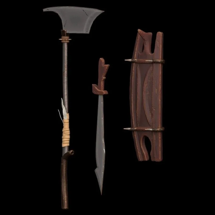 A collection of primitive weapons including a stone axe with a wooden handle, a spear with a stone tip, a small dart or arrow, and a wooden shield with metal spikes, all displayed against a black background.