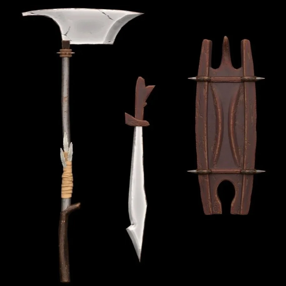 Three prehistoric stone tools: a large chipped axe with a long handle, a leaf-shaped spearhead, and a wooden harp-shaped object with pointed tips.