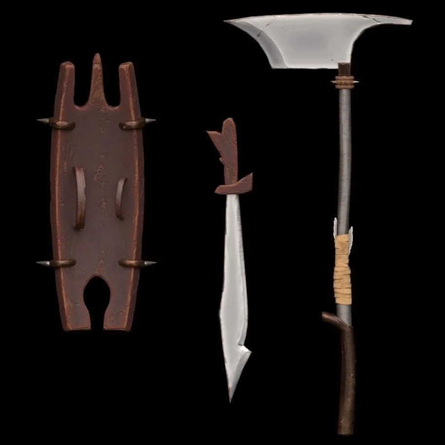 Three primitive weapons: a spiked wooden club on the left, a small stone blade in the middle, and a large stone axe with a wooden handle on the right.