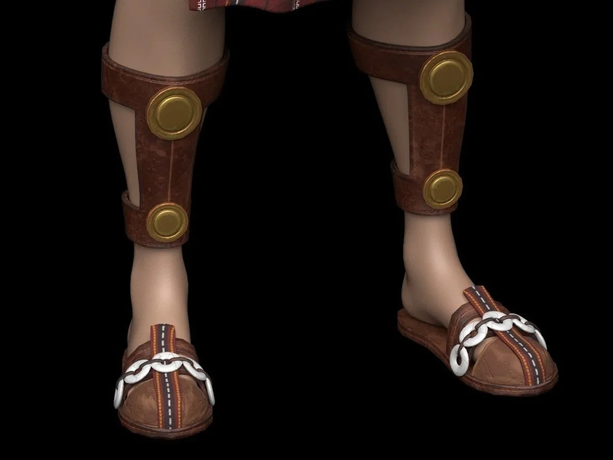 Costume of a toy or mannequin wearing brown sandals and decorative leg guards with large gold circles, set against a black background.