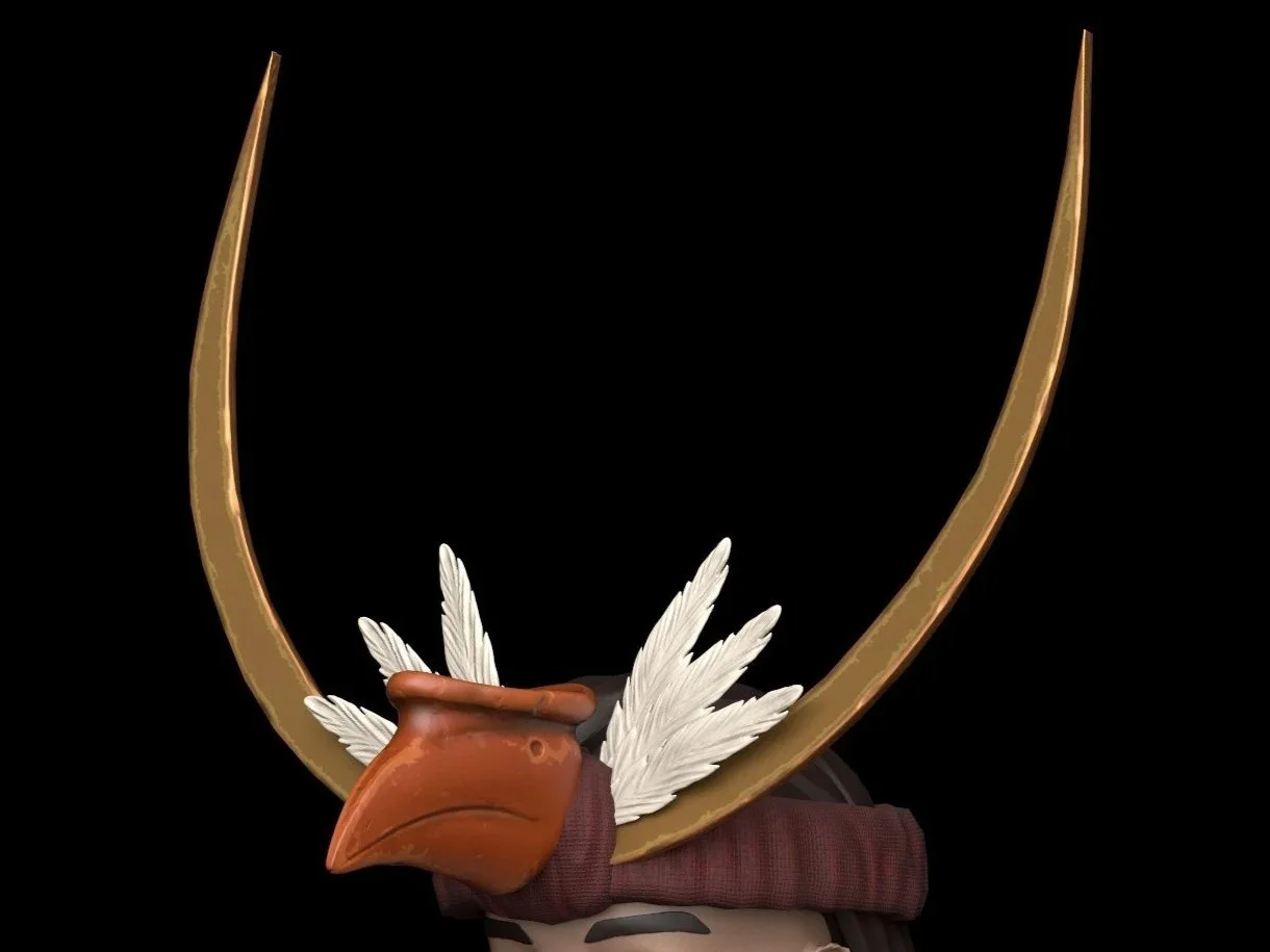 A decorative headpiece resembling a bird with a beak, white leaves, and a large gold crescent moon above it, worn by someone.