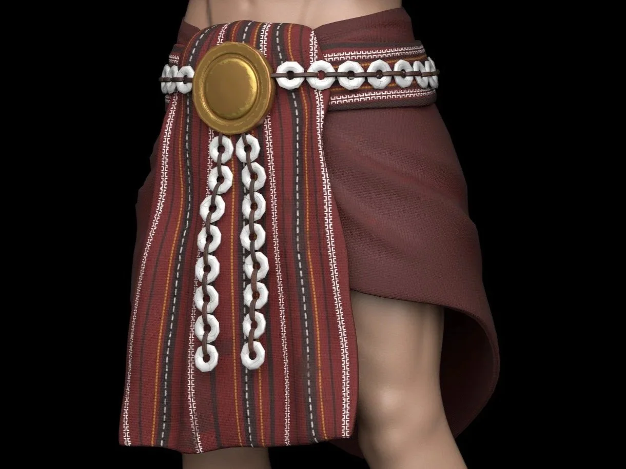 A person wearing a traditional skirt with a belt decorated with white beads and a large gold-colored buckle, and a patterned cloth overlay.