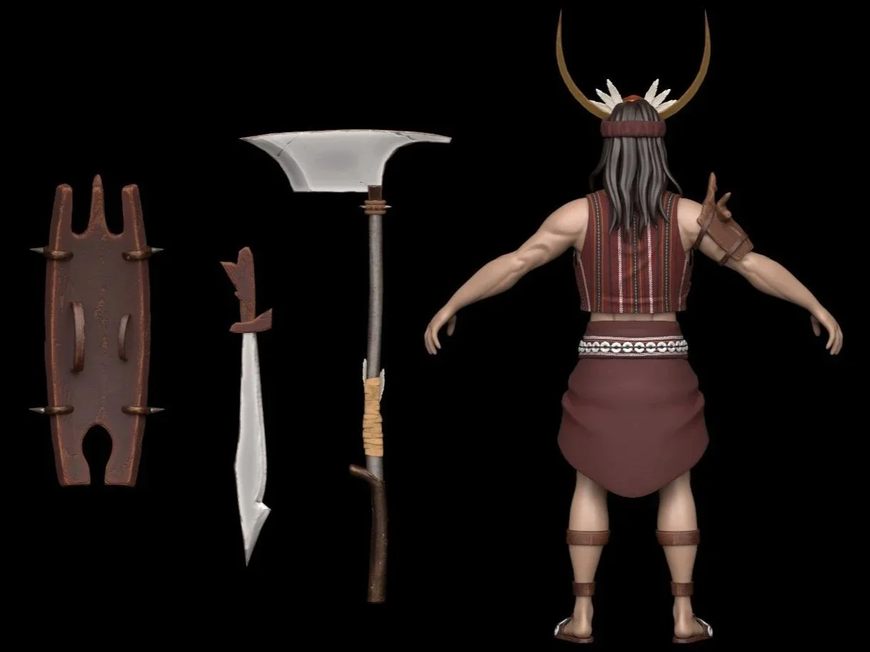 A figurine of a tribal warrior with a headdress, skirt, and arm bands, standing with a shield, knife, and axe.