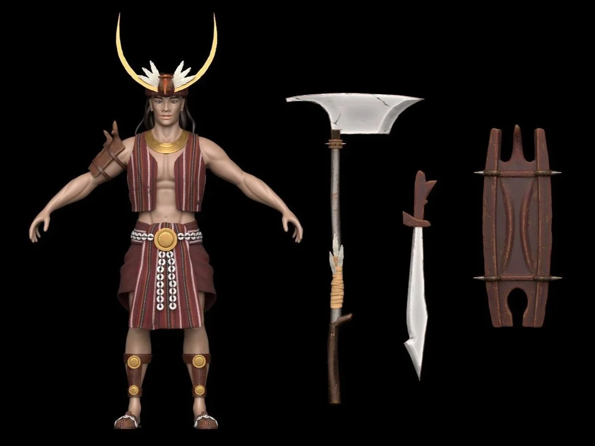 A mannequin dressed as a Native American warrior, wearing a headdress with yellow and white feathers, a striped vest, traditional skirt, and jewelry, standing next to a spear, axe, arrow, and shield.