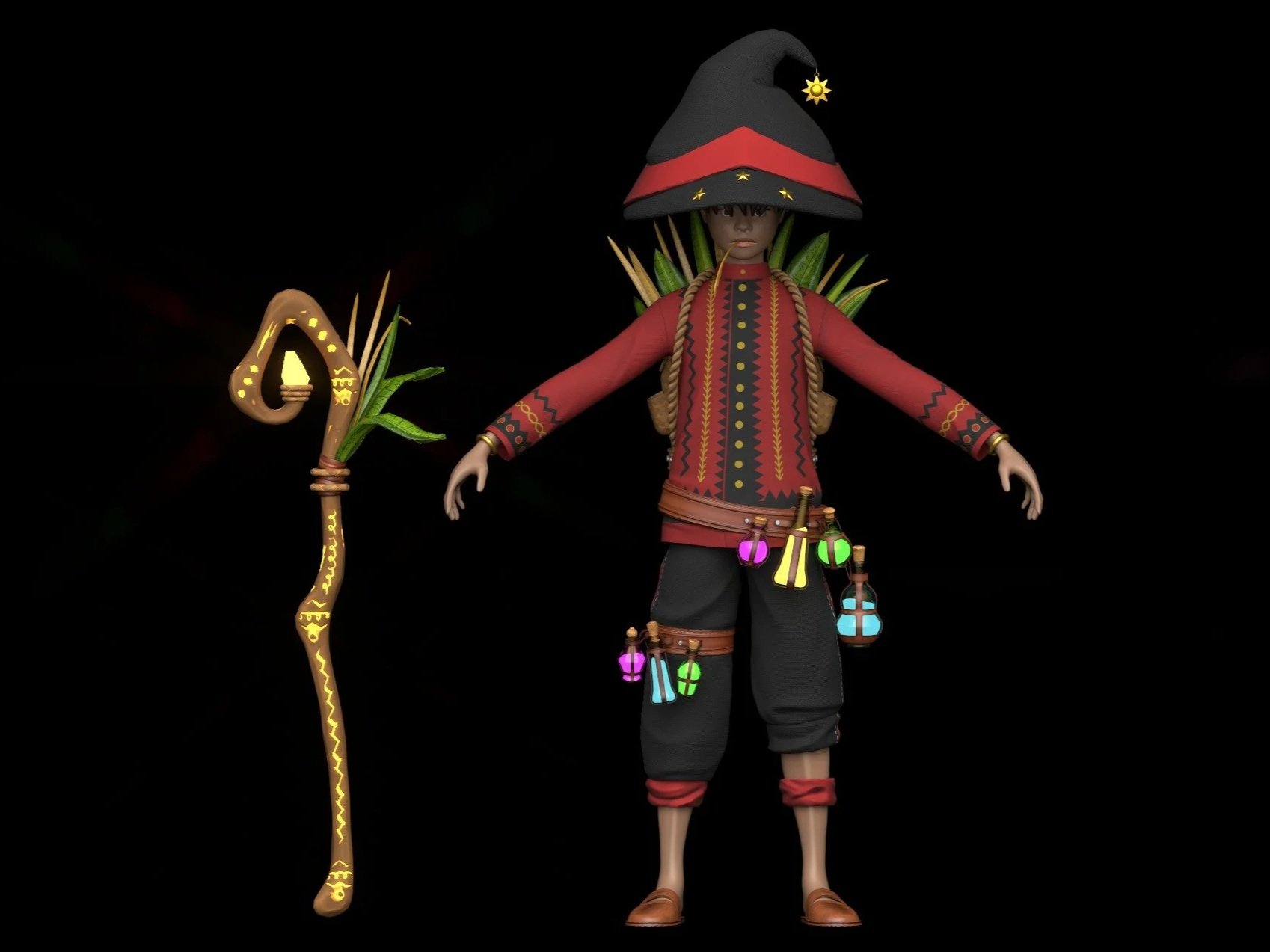 Digital illustration of a young witch dressed in red and black, wearing a tall wizard hat with a yellow star charm, holding a glowing staff, with potions hanging from a belt, and foliage behind her, set against a black background.