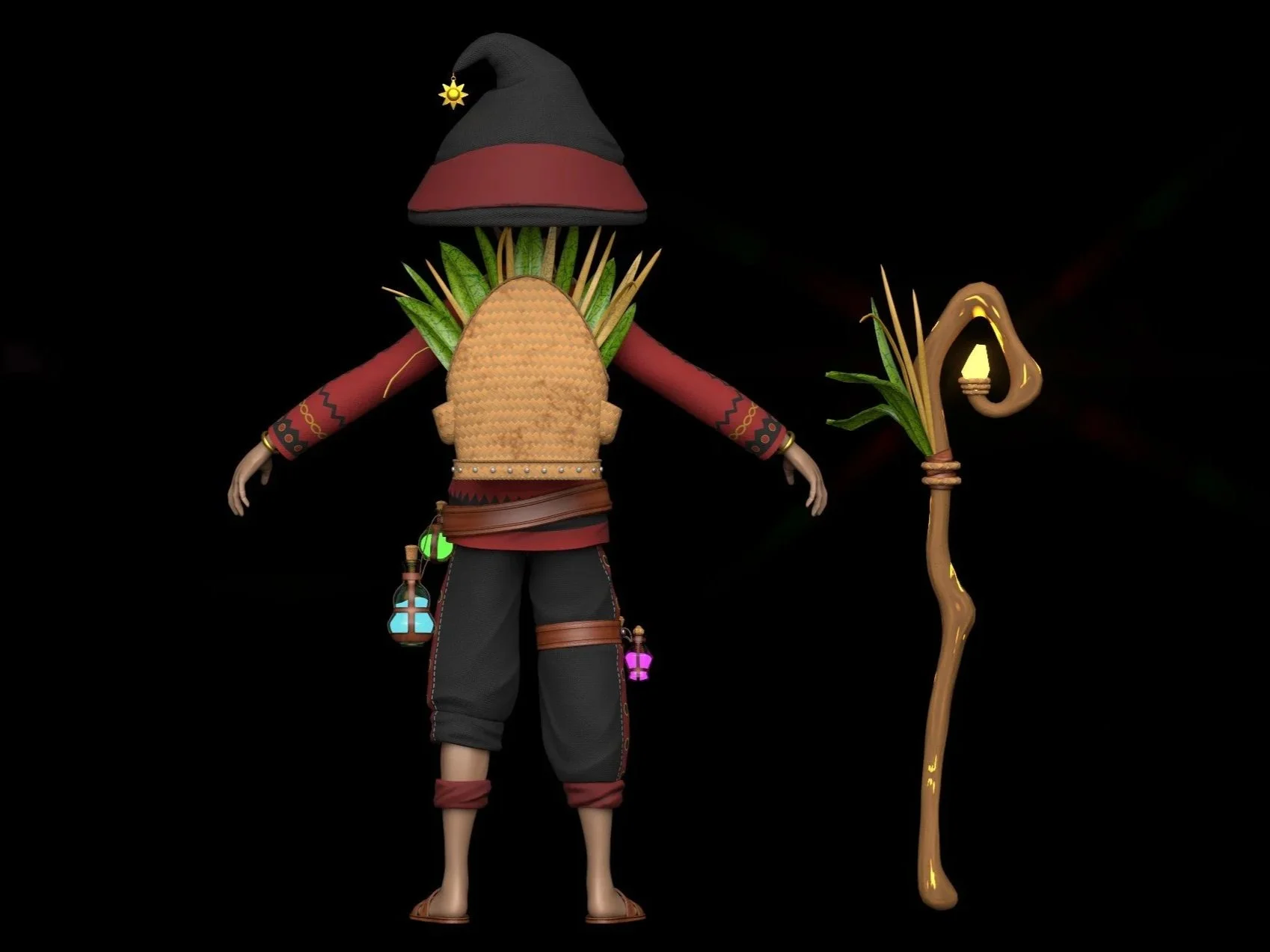 Digital illustration of a character in tribal-inspired attire with a woven back piece, leaf decorations, and lanterns hanging from their waist, standing next to a staff with a glowing object at its top, all against a black background.