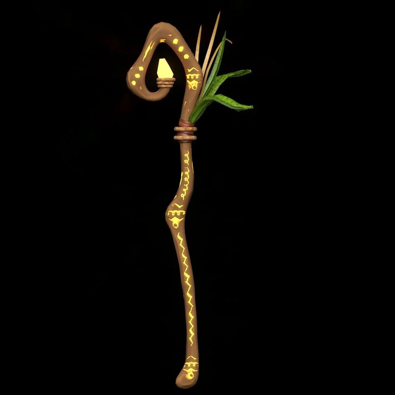 A decorative stick with glowing yellow patterns and symbols, adorned with green leaves and plant-like elements, set against a black background.