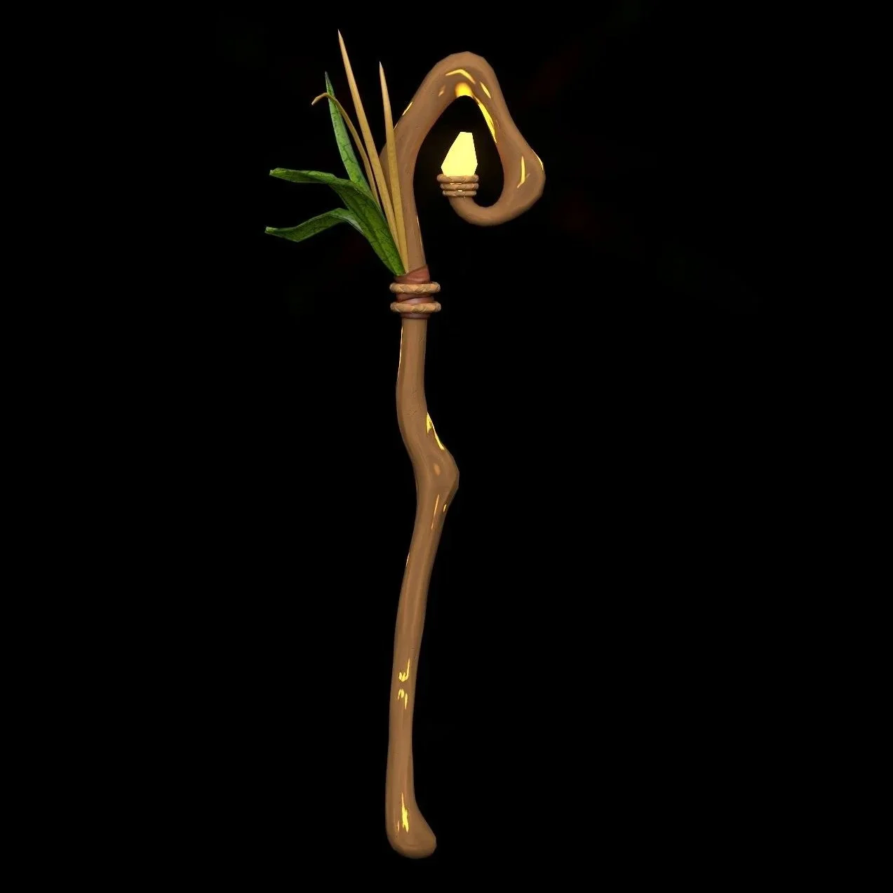 Decorative wooden staff with green leaves, tall reeds, and a built-in light bulb emitting yellow light, set against a black background.