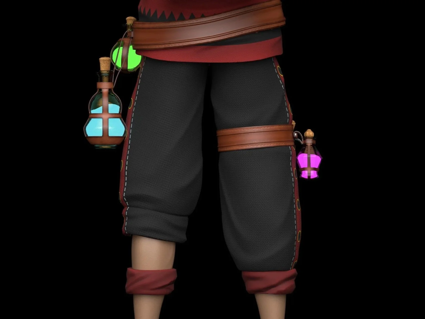 Close-up of a character's lower torso and legs, wearing black pants with red and gold accents, wrapped with brown belts, with two glowing potion bottles attached to the belts on each side, against a black background.
