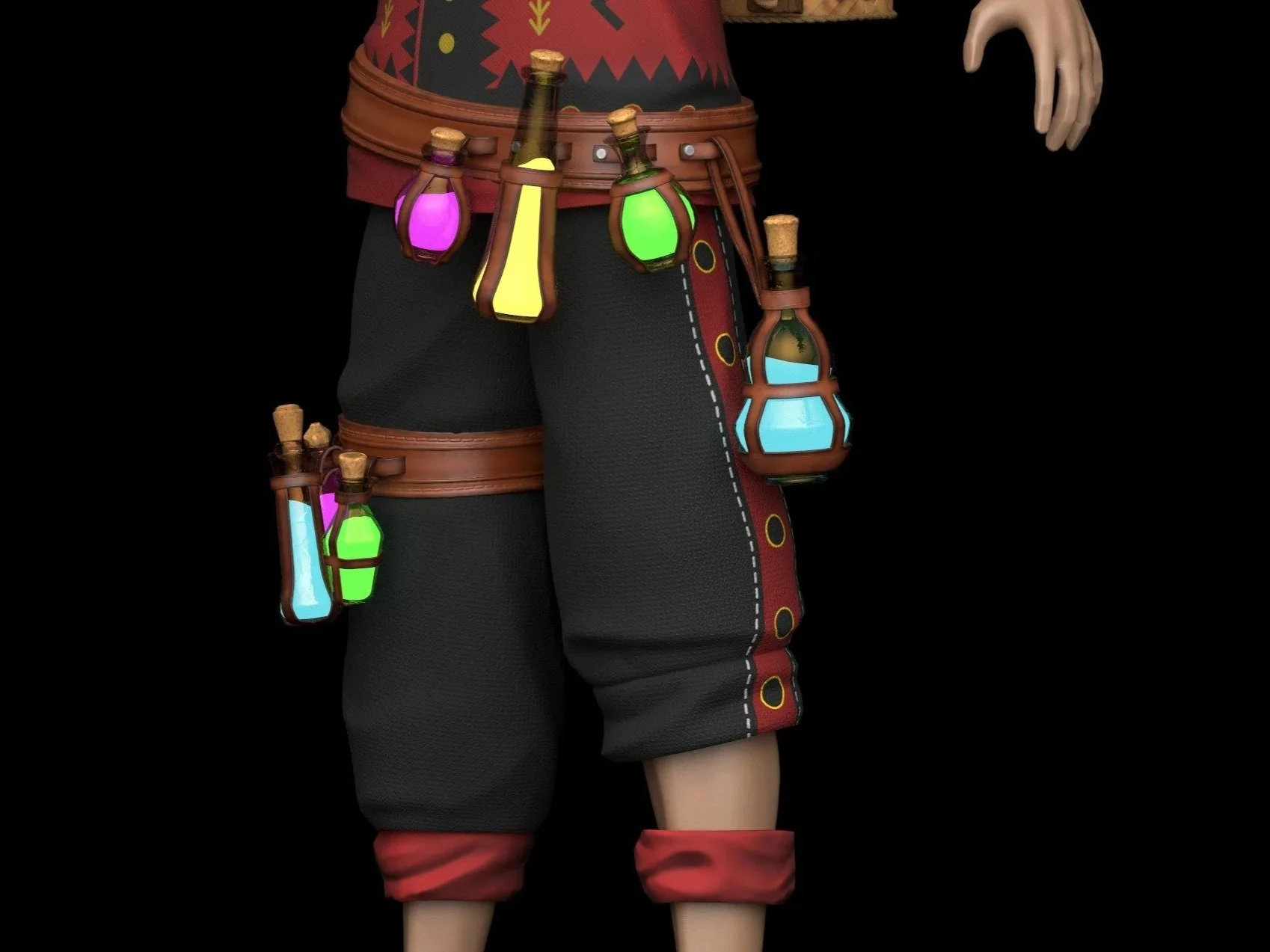 Close-up of a character's lower body wearing black pants with red trim and a belt, adorned with multiple colorful potion bottles hanging from the belt.