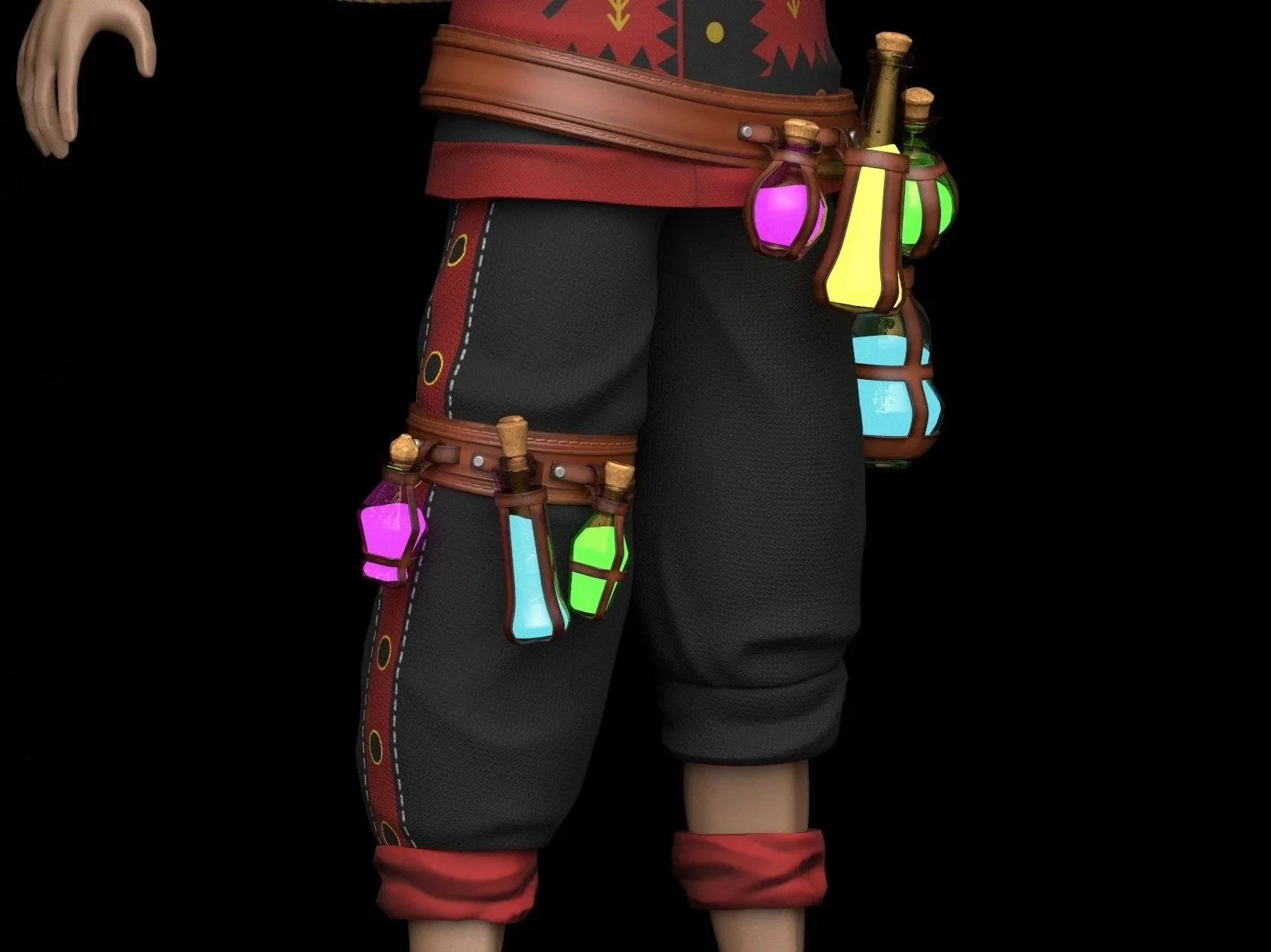 Close-up of a character's waist and legs wearing black pants with red and yellow accents, a brown belt, and colorful potion bottles attached to the belt.