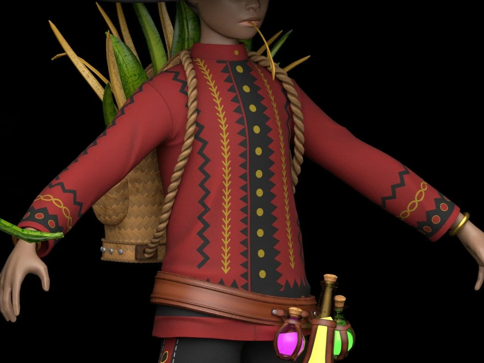 A person in a red, black, and gold patterned shirt with yellow and black decorative elements, wearing a belt with three potion bottles filled with pink, yellow, and green liquids, and carrying a woven bag on their back, set against a black background