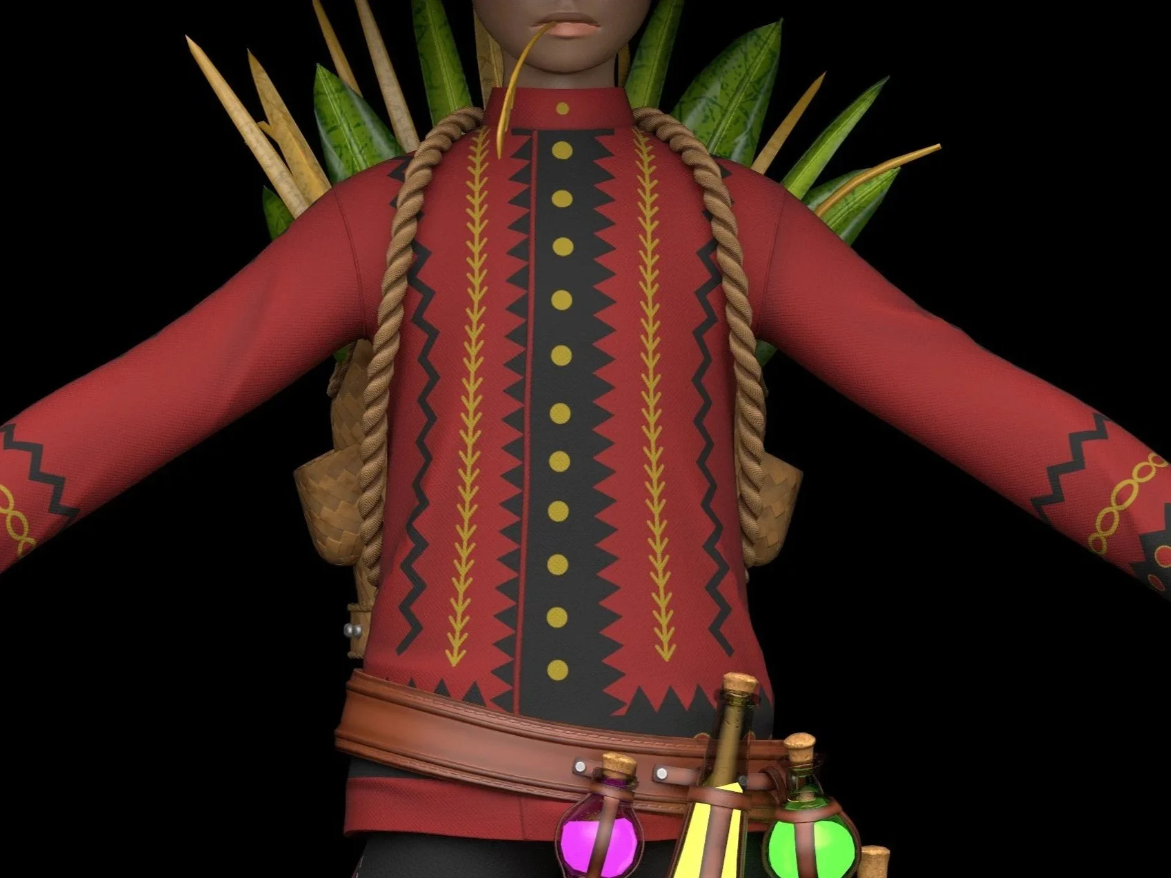 A person wearing a traditional colorful outfit with a braided rope and plant leaves in the background, holding potion bottles with glowing liquids.