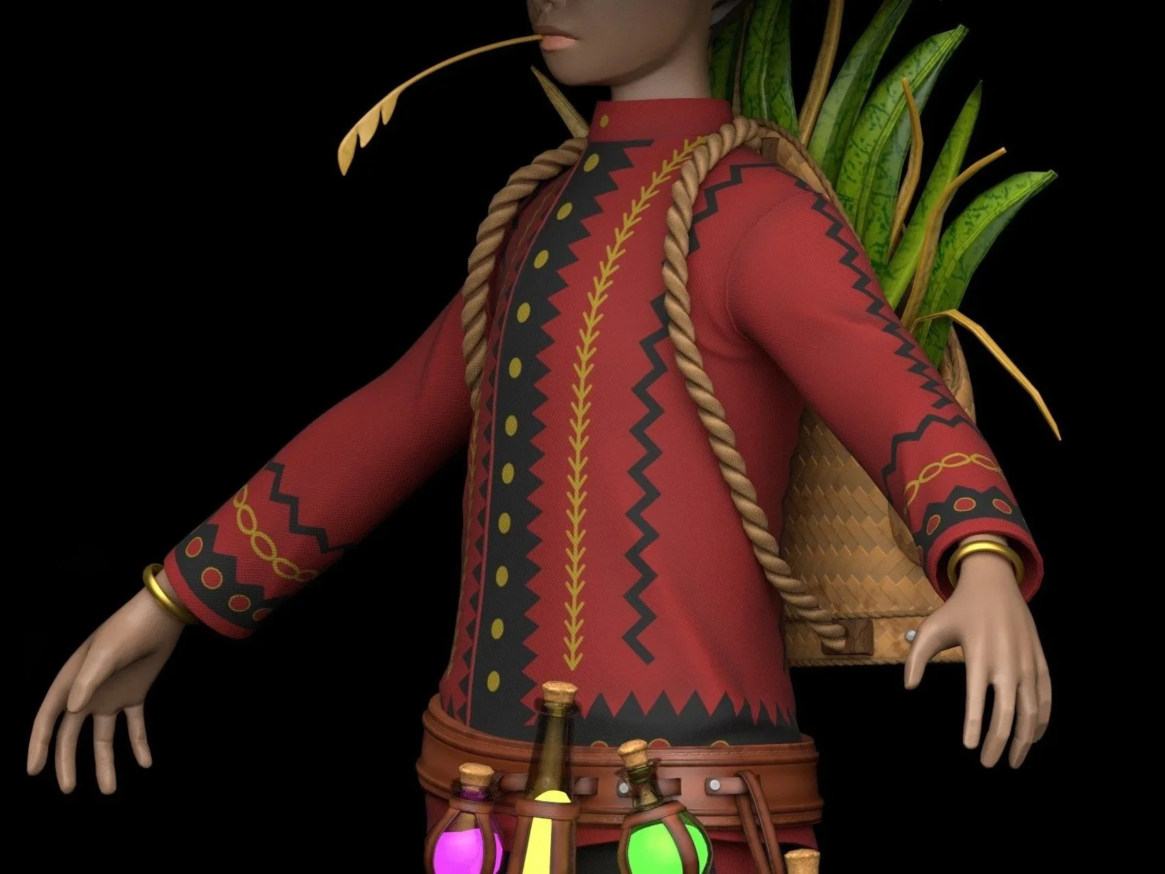 Close-up of a person wearing a traditional red and black garment with gold accents, carrying a basket on the back filled with green leaves, and standing against a black background.