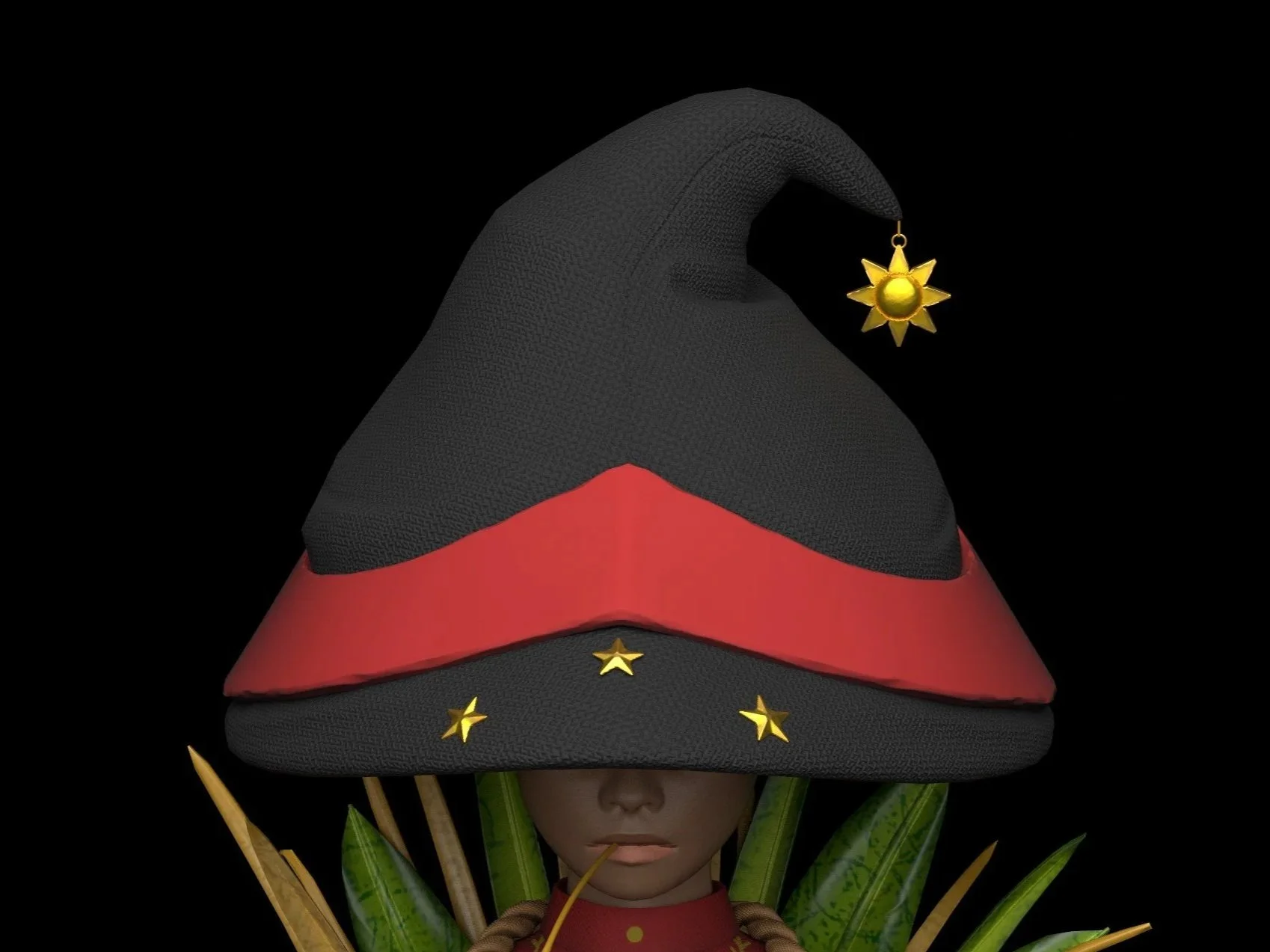 A person wearing a large, pointed, wizard-like hat with black and red colors and decorated with gold stars and a hanging gold sun-shaped ornament, with tropical green and brown leaves behind, against a black background.