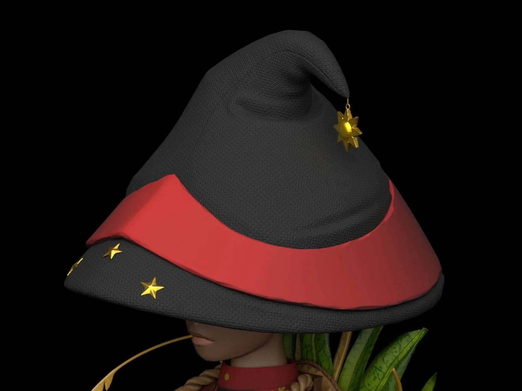 A person wearing a large black hat with red and black trim, decorated with small gold stars, and a gold star earring hanging from the hat. The person has a leafy background behind them.