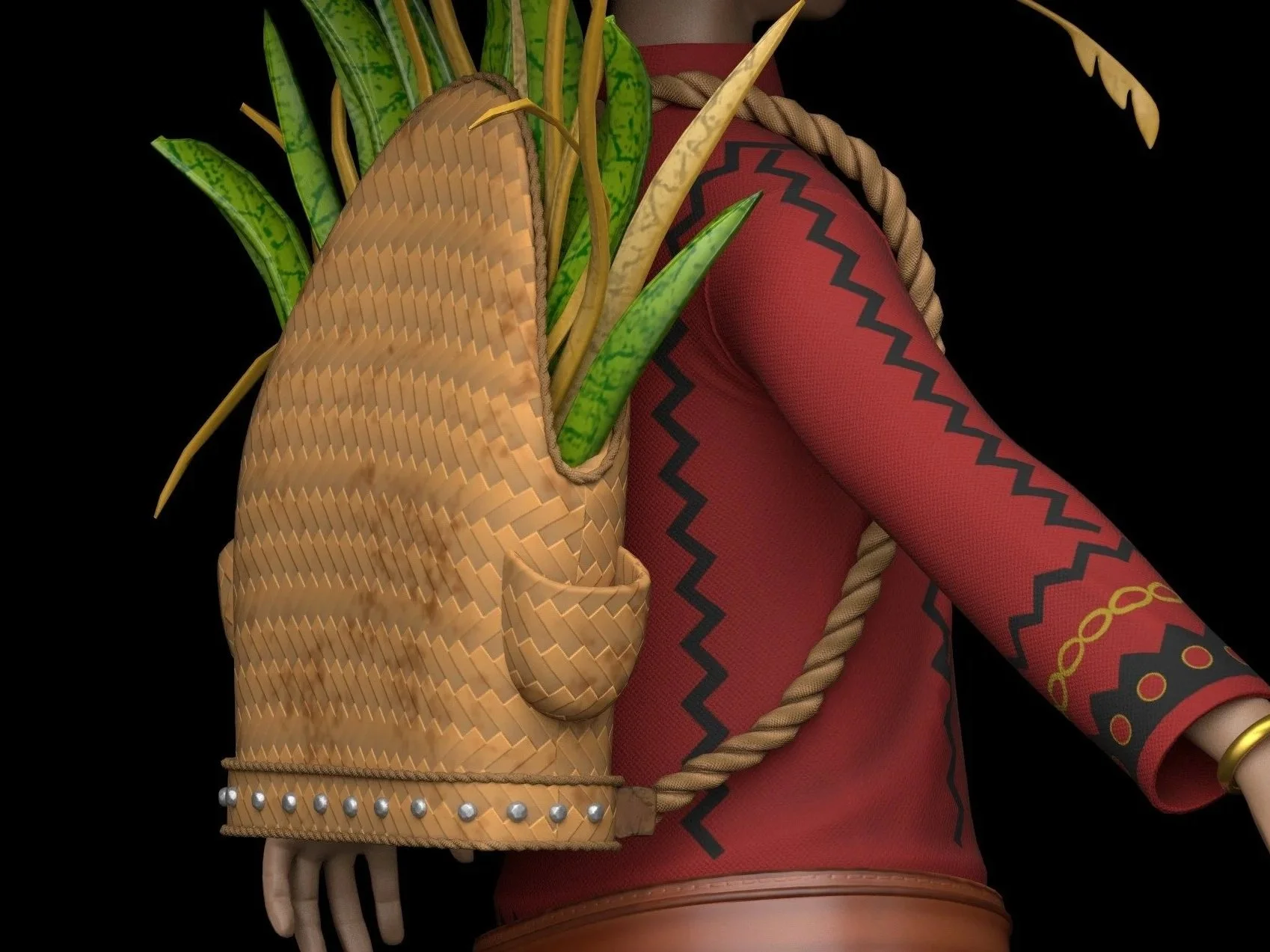 Close-up of a person wearing a red garment with black and yellow patterns, carrying a woven basket filled with green plants, and a thick rope looped over their shoulder.