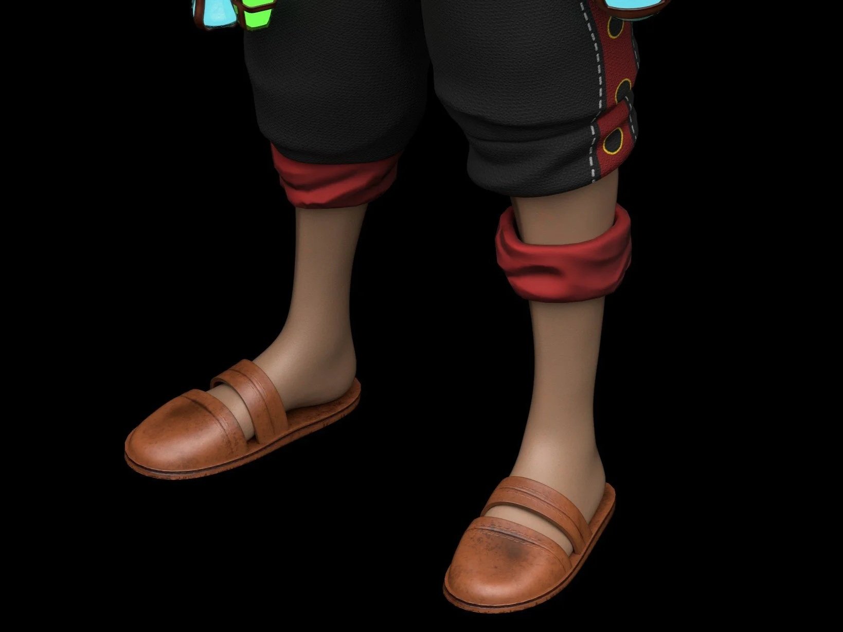 Close-up of the legs and feet of a cartoon character wearing dark cropped pants with red cuffs, rolled-up at the calves, and brown sandals, against a black background.