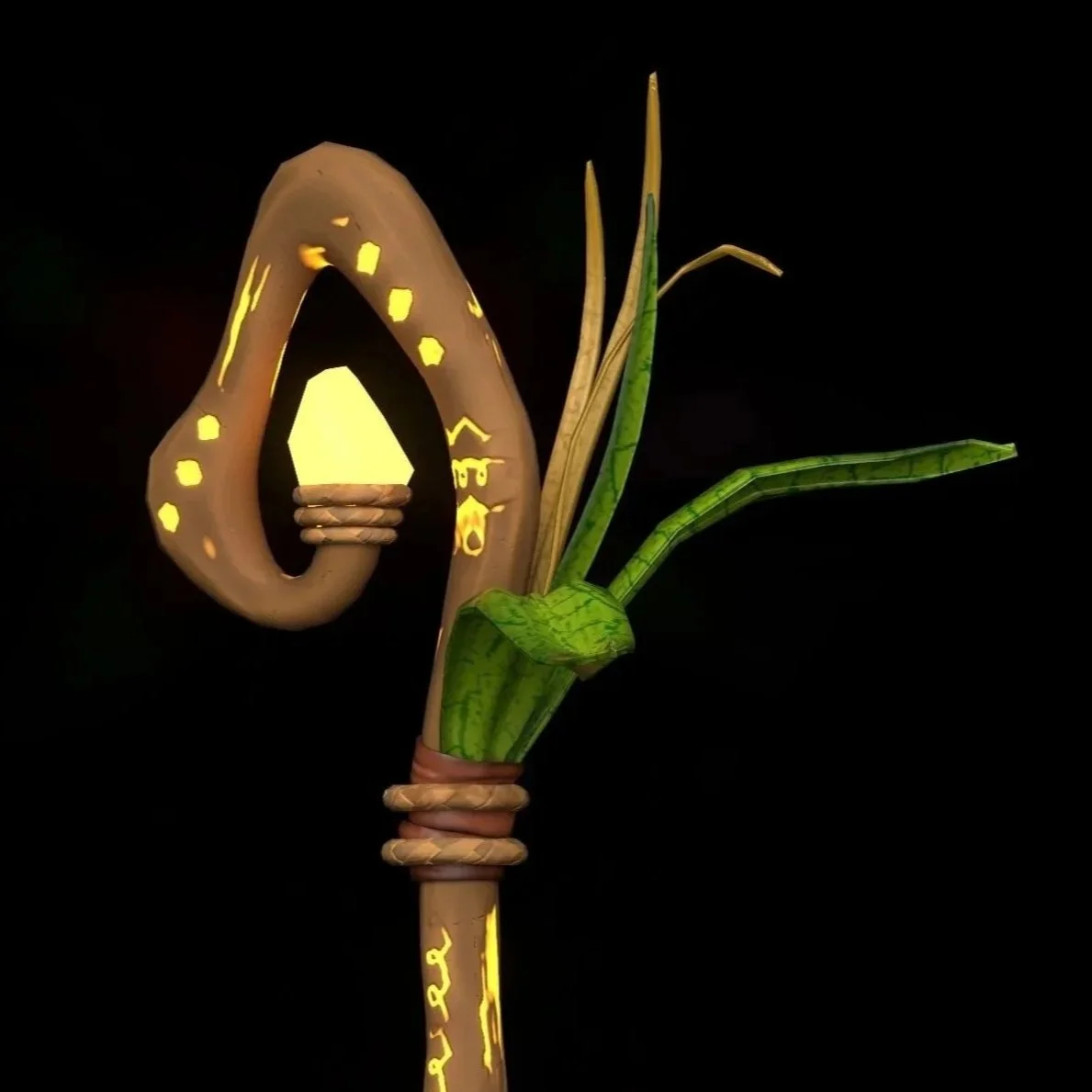 A decorative light resembling a flower, with a light bulb as the center, surrounded by green leaves and brown stalks, against a dark background.