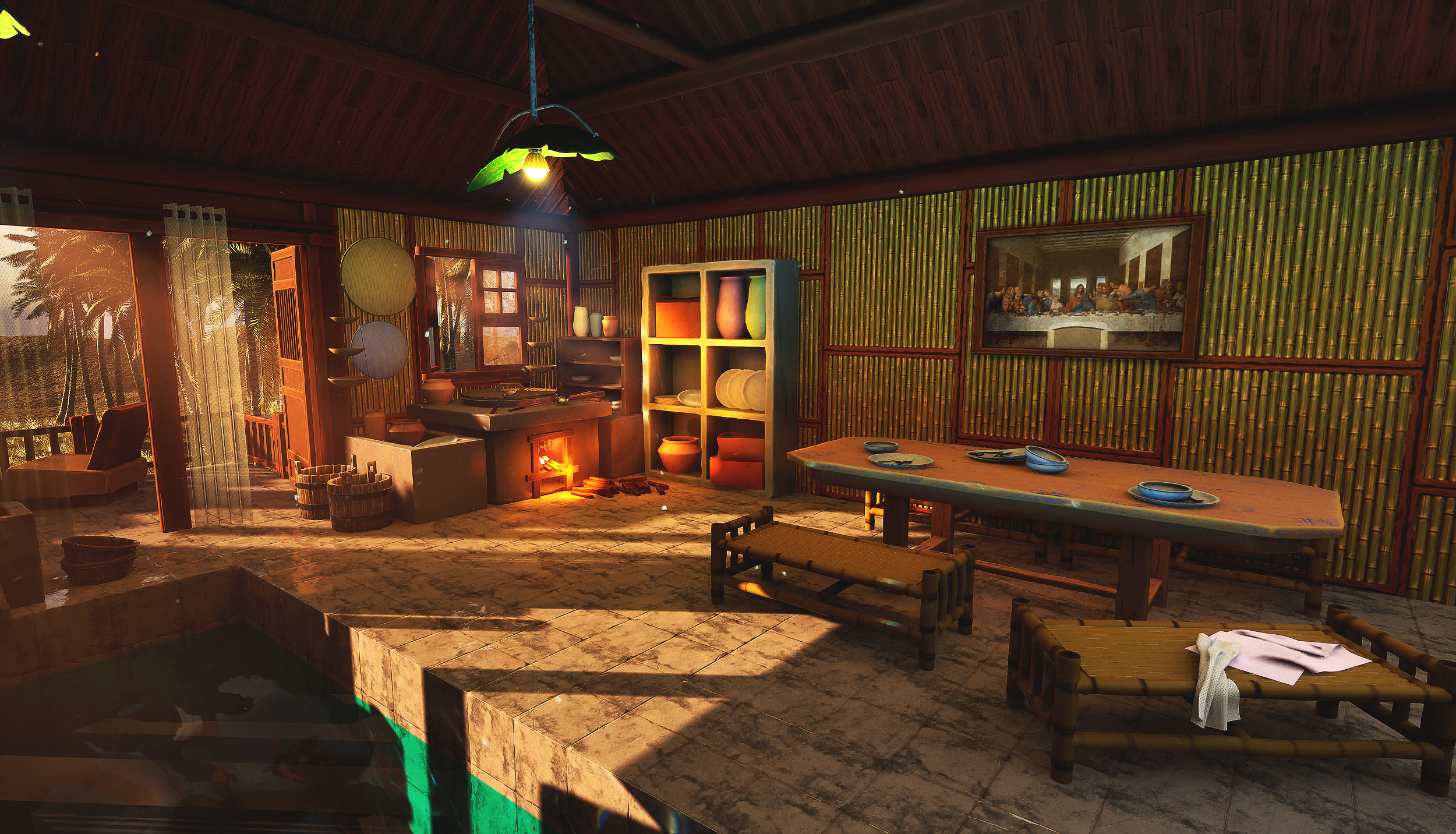 A cozy rustic indoor space with bamboo walls, a firepit, a dining table set with bowls, a shelving unit with pottery, and a picture of The Last Supper on the wall.