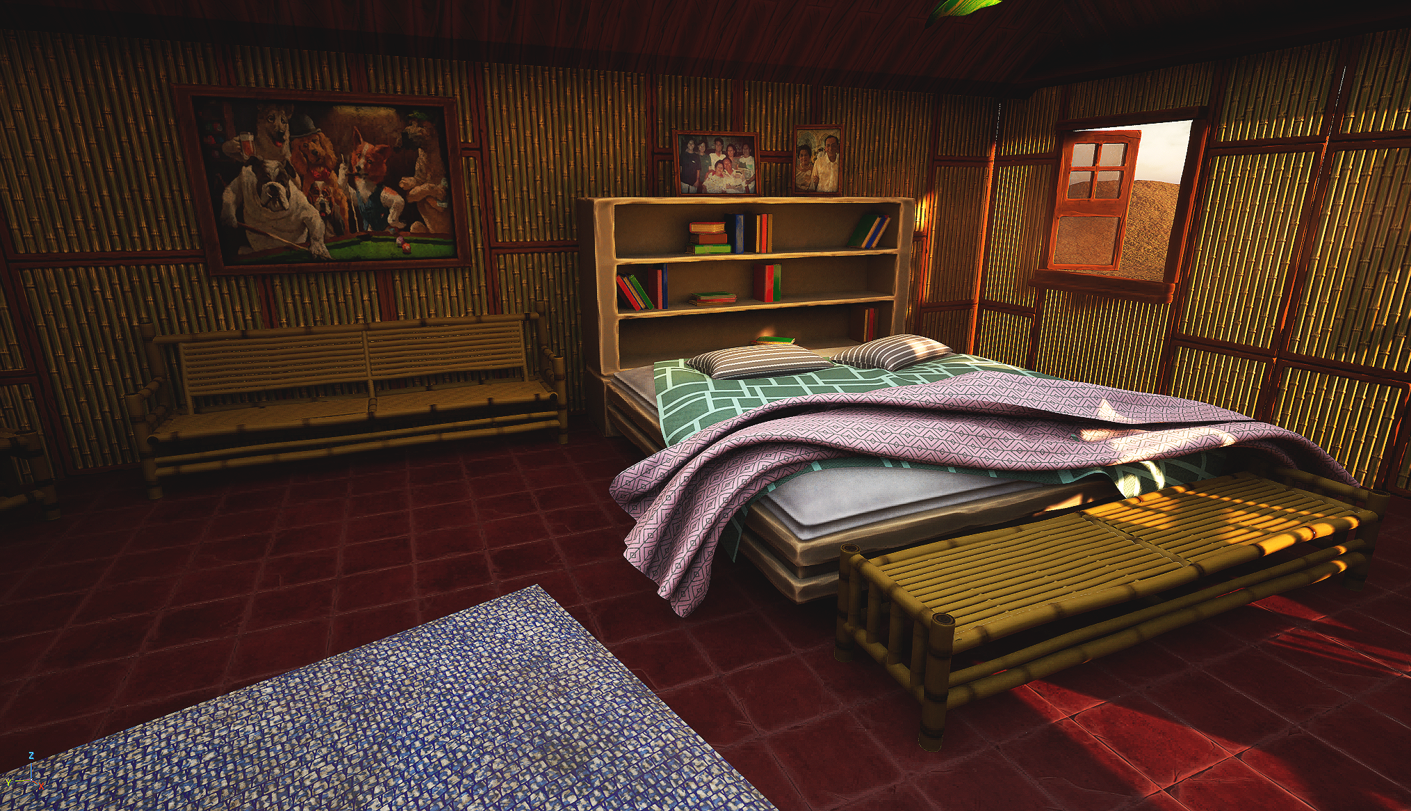 A bedroom with bamboo walls, a bed with patterned linens and pillows, a bamboo bench at the foot of the bed, a wooden bookshelf with books, framed photos and a large painting of dogs, and two small windows showing a desert landscape outside.