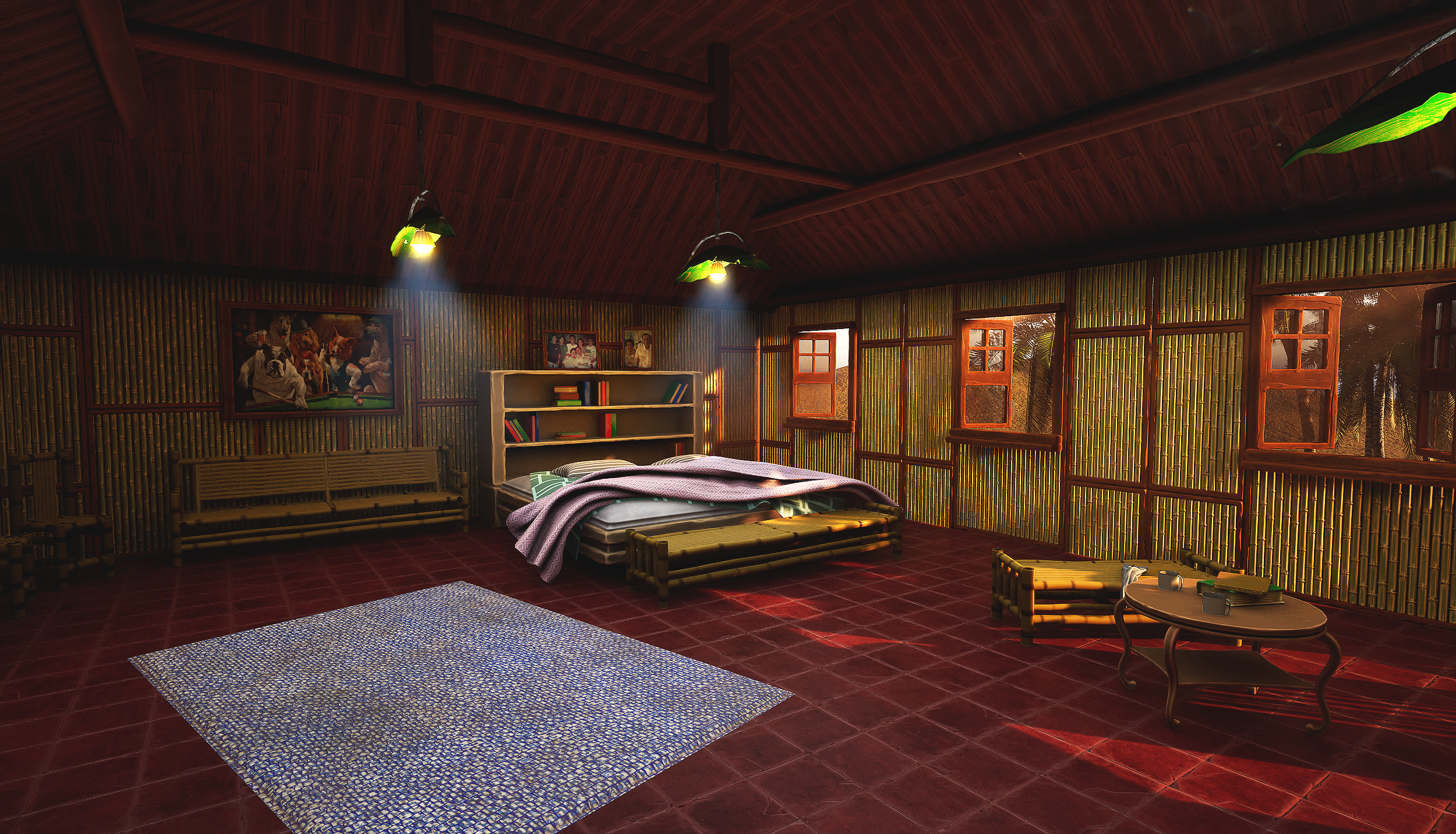 A cozy bedroom with bamboo walls and wooden furniture, including a bed with blankets, a side table with books, and a sofa. There are windows letting in natural light, and framed pictures on the wall. The floor is tiled with red tiles and a blue rug i