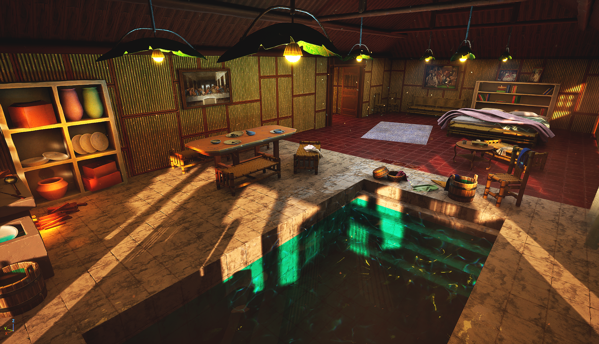 Interior of a rustic room with a partially flooded floor, a dining table with plates, chairs, a bookshelf, a bed with a blanket, and various household items, illuminated by hanging lights