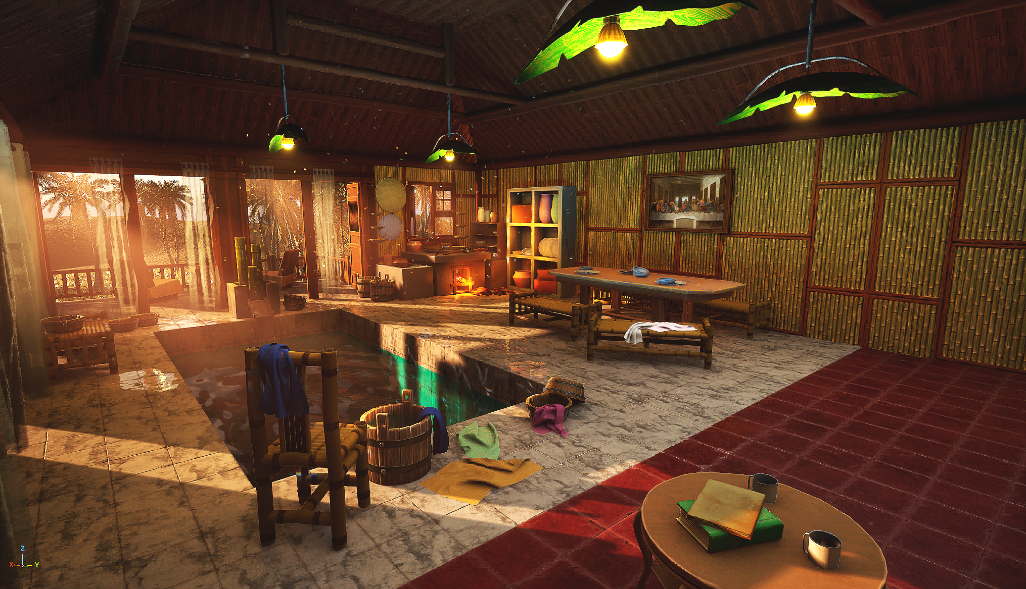 Indoor swimming pool area with chairs, tables, and a view of trees through large windows, warm lighting, and a wood-paneled ceiling.