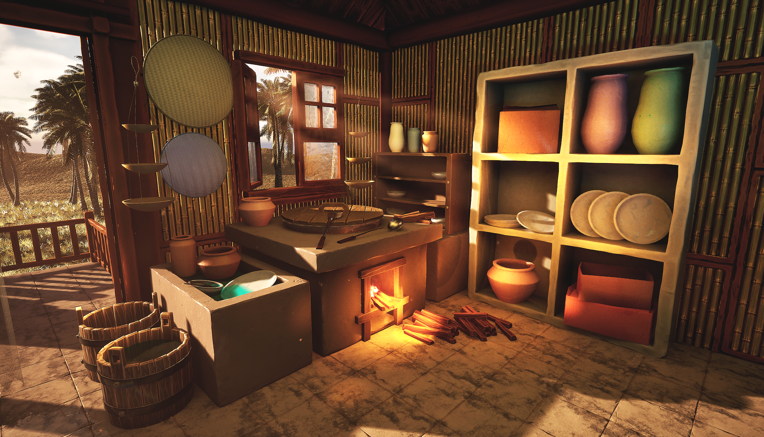 A rustic kitchen with shelves of pottery and a bread oven with fire, set in a tropical outdoor scene.