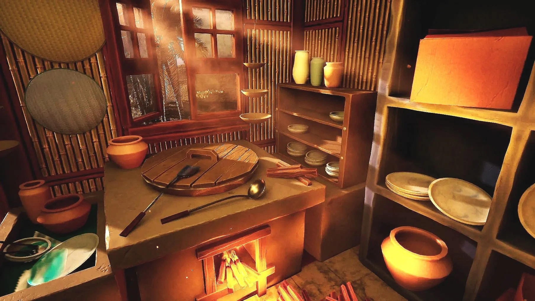 Cozy kitchen with warm lighting, wooden shelves with plates, a table with chopping board and utensils, and an open fireplace with logs. Windows reveal trees outside.