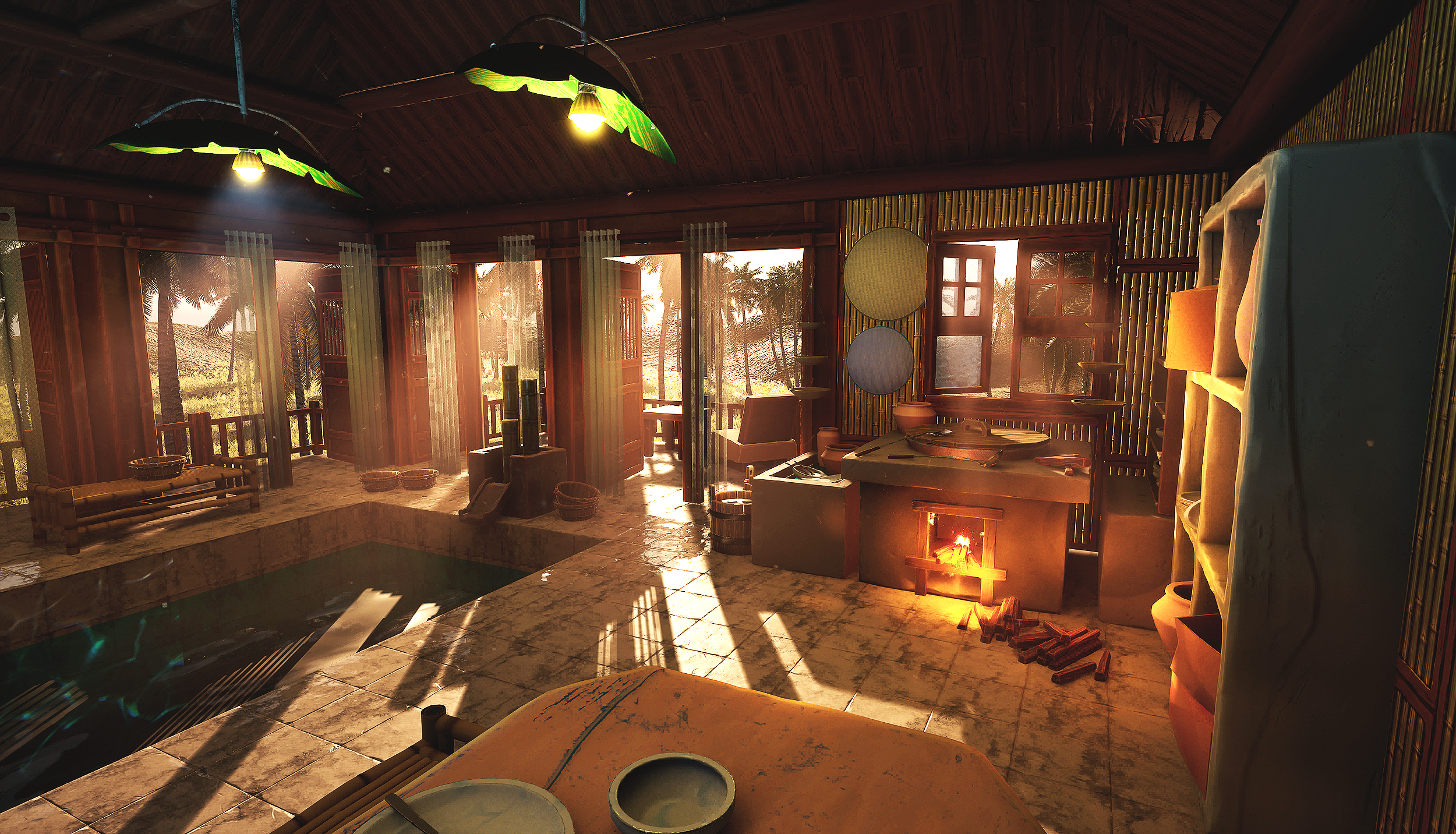 Cozy wooden interior with open windows showing a tropical landscape with palm trees, a small fireplace with fire, and a kitchen countertop with dishes, plates, and baskets.