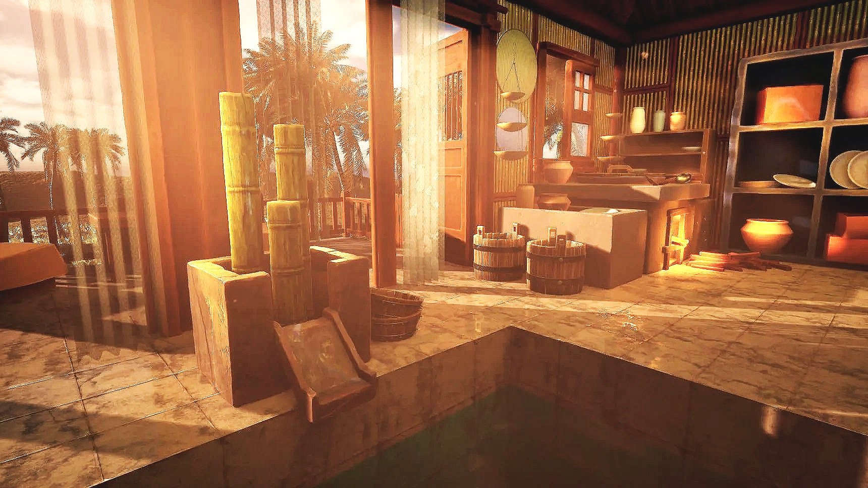 Interior of a rustic house with wooden shelves, pottery, and baskets, sunset light shining through large windows showing palm trees outside.