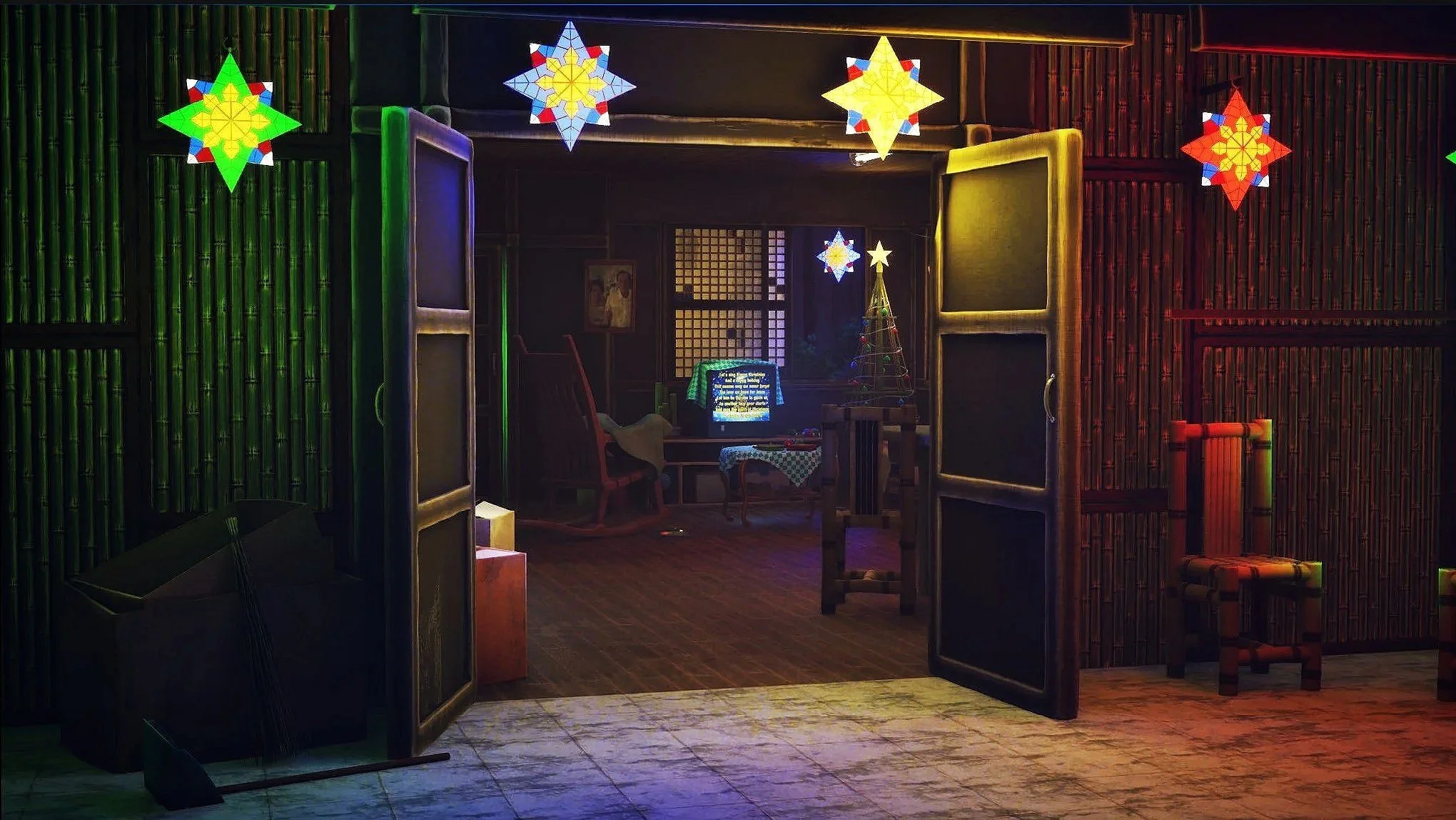 A cozy room decorated for Christmas with colorful star-shaped hanging lanterns, a small Christmas tree, and a television on a table. The room has bamboo and wood paneling walls, and an open doorway reveals an interior with a rocking chair, small tabl