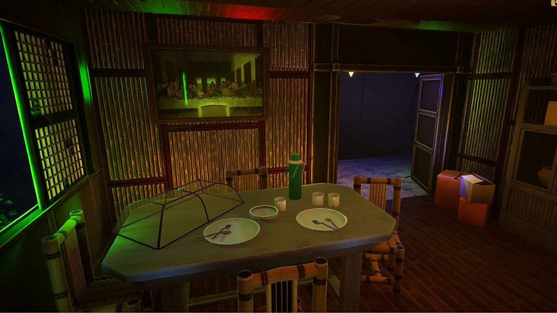 Converted image of a dimly lit dining room with rustic bamboo decor, a rectangular table set with plates, utensils, candles, and a water bottle, and a doorway leading outside to a dark patio. A framed picture hangs on the wall.