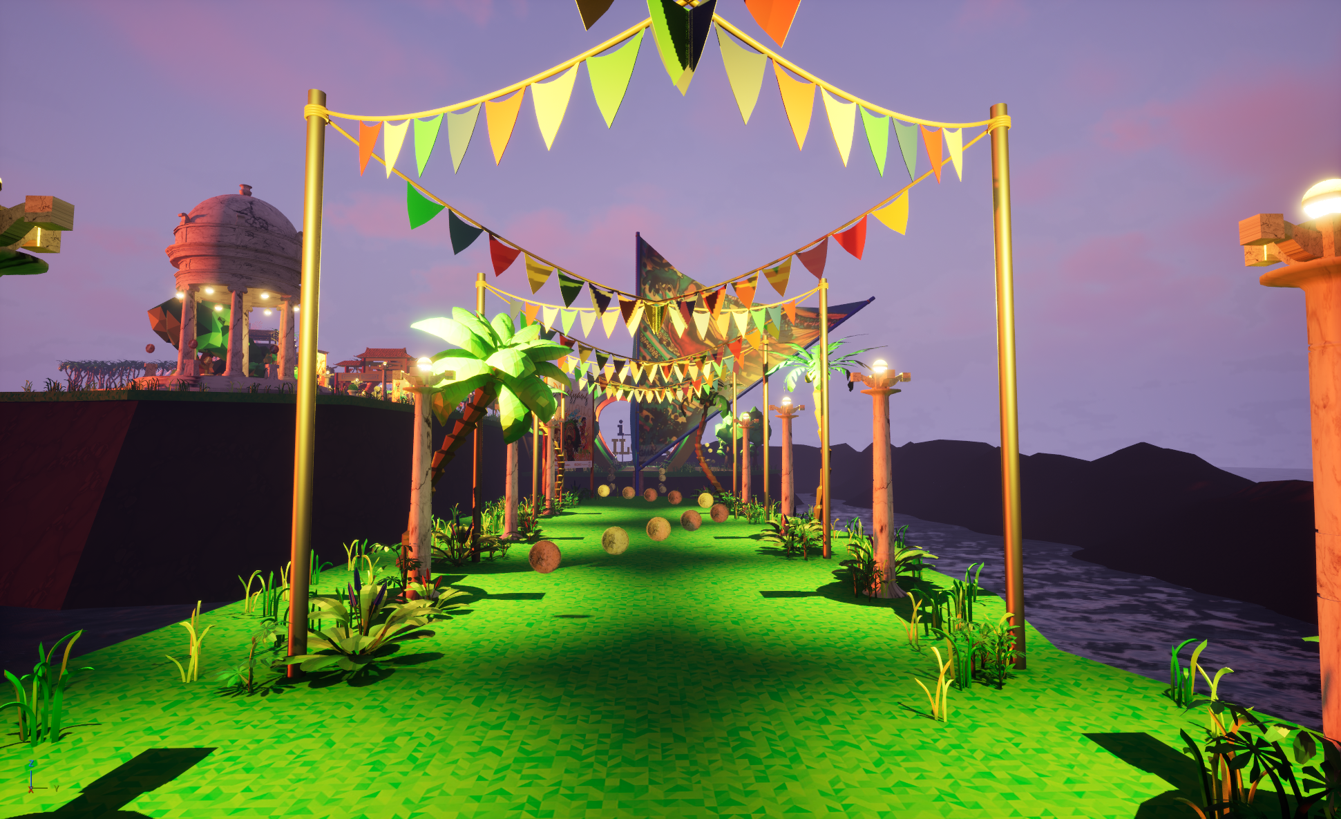 Colorful video game scene depicting a pathway with string banners hanging above, surrounded by palm trees and plants, leading to a large structure on a hill with water on the right side, in a cartoon-style environment.