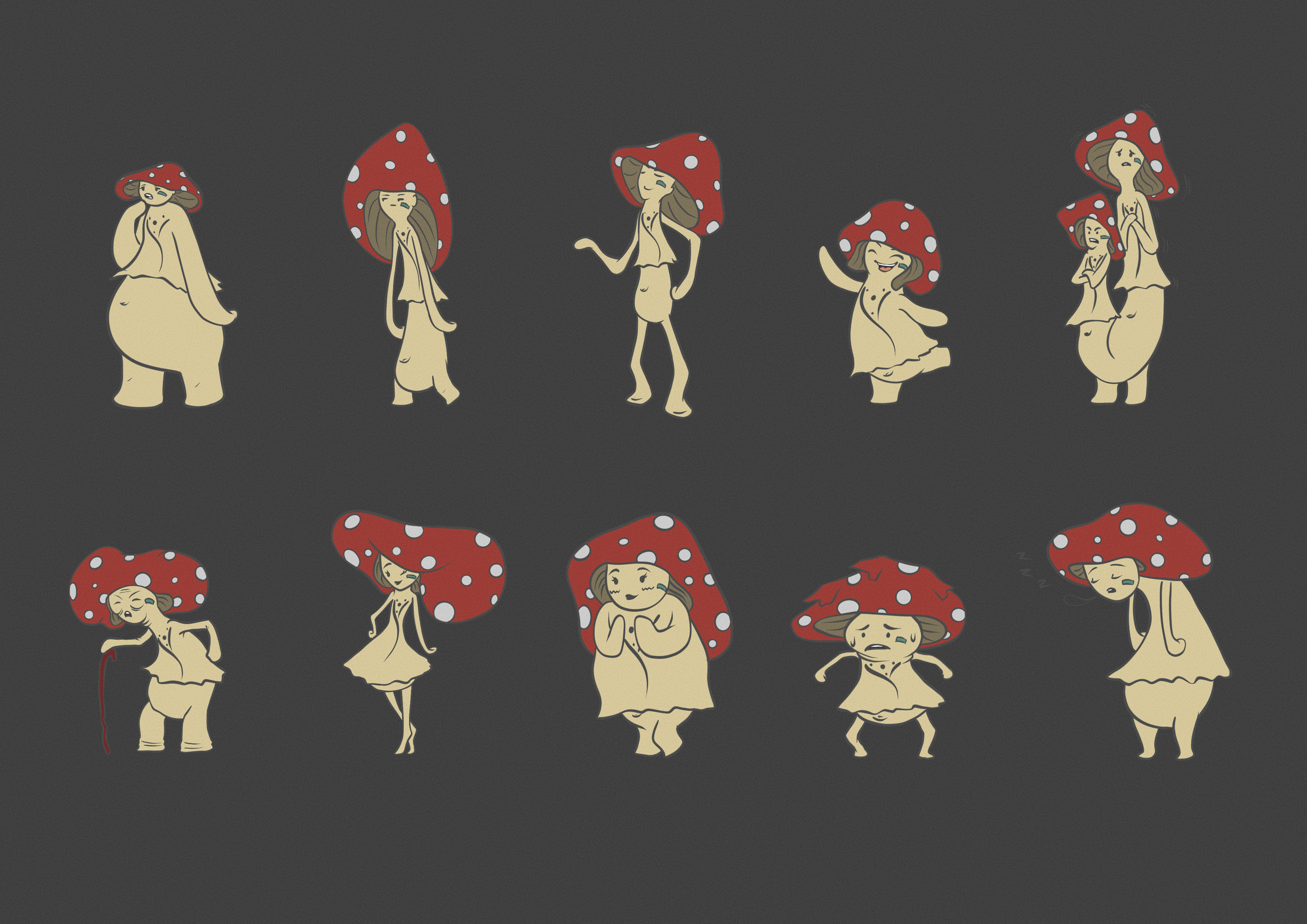 A collection of cartoon characters with mushroom caps on their heads showing various emotional expressions.