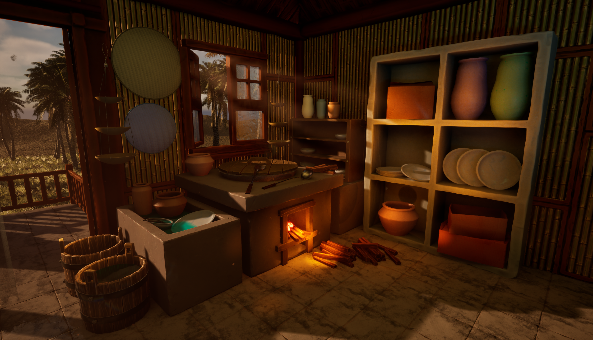 A rustic kitchen with shelves of pottery and a bread oven with fire, set in a tropical outdoor scene.