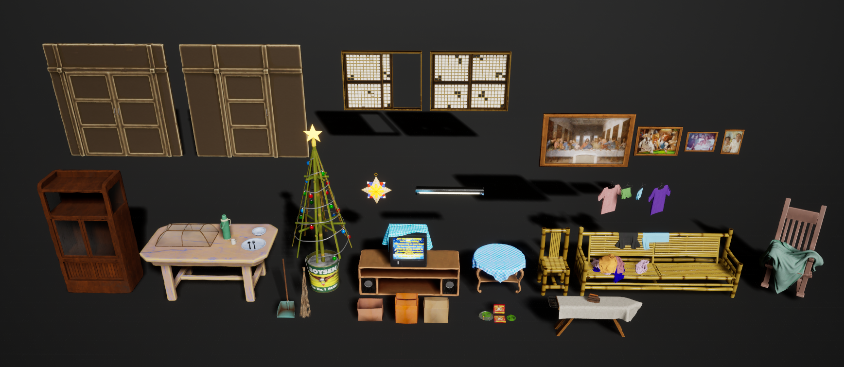 A collection of household furniture and decor items arranged in a lineup on a black background, including a bookshelf, a table with food cover, a decorated Christmas tree, a TV stand with a television, a round table with a blue cloth, a wooden bench 