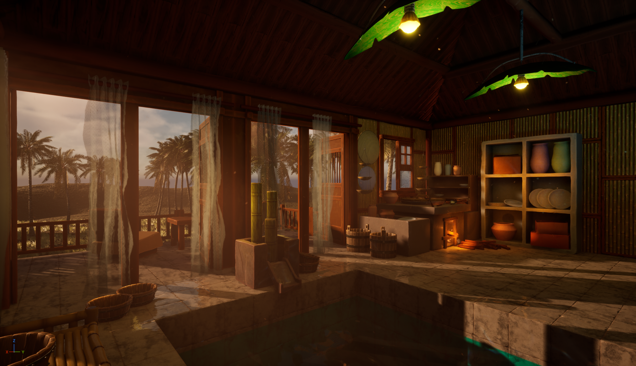 Interior of a rustic room with large windows revealing a tropical landscape with palm trees, soft lighting, shelves with pottery, and a bathing area.