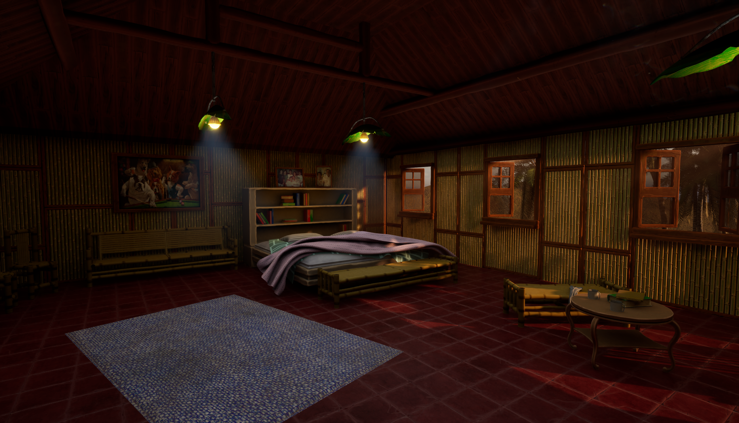 A cozy bedroom with bamboo walls and wooden furniture, including a bed with blankets, a side table with books, and a sofa. There are windows letting in natural light, and framed pictures on the wall. The floor is tiled with red tiles and a blue rug i